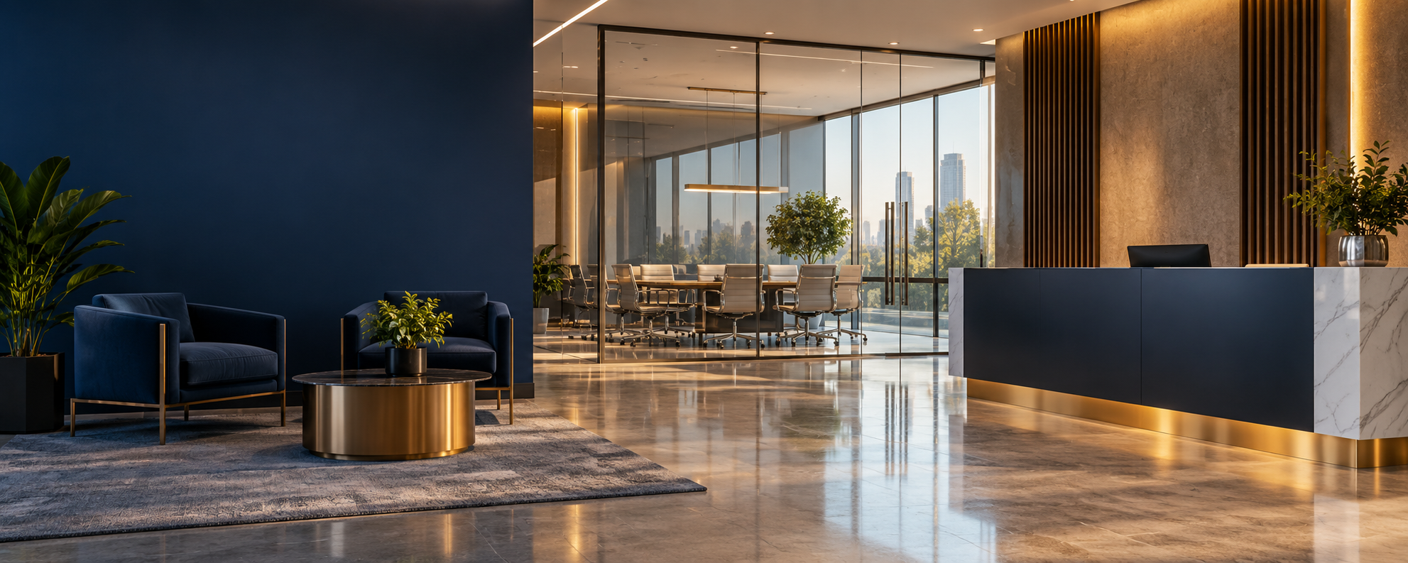 Clean modern office reception and conference room with navy and gold accents