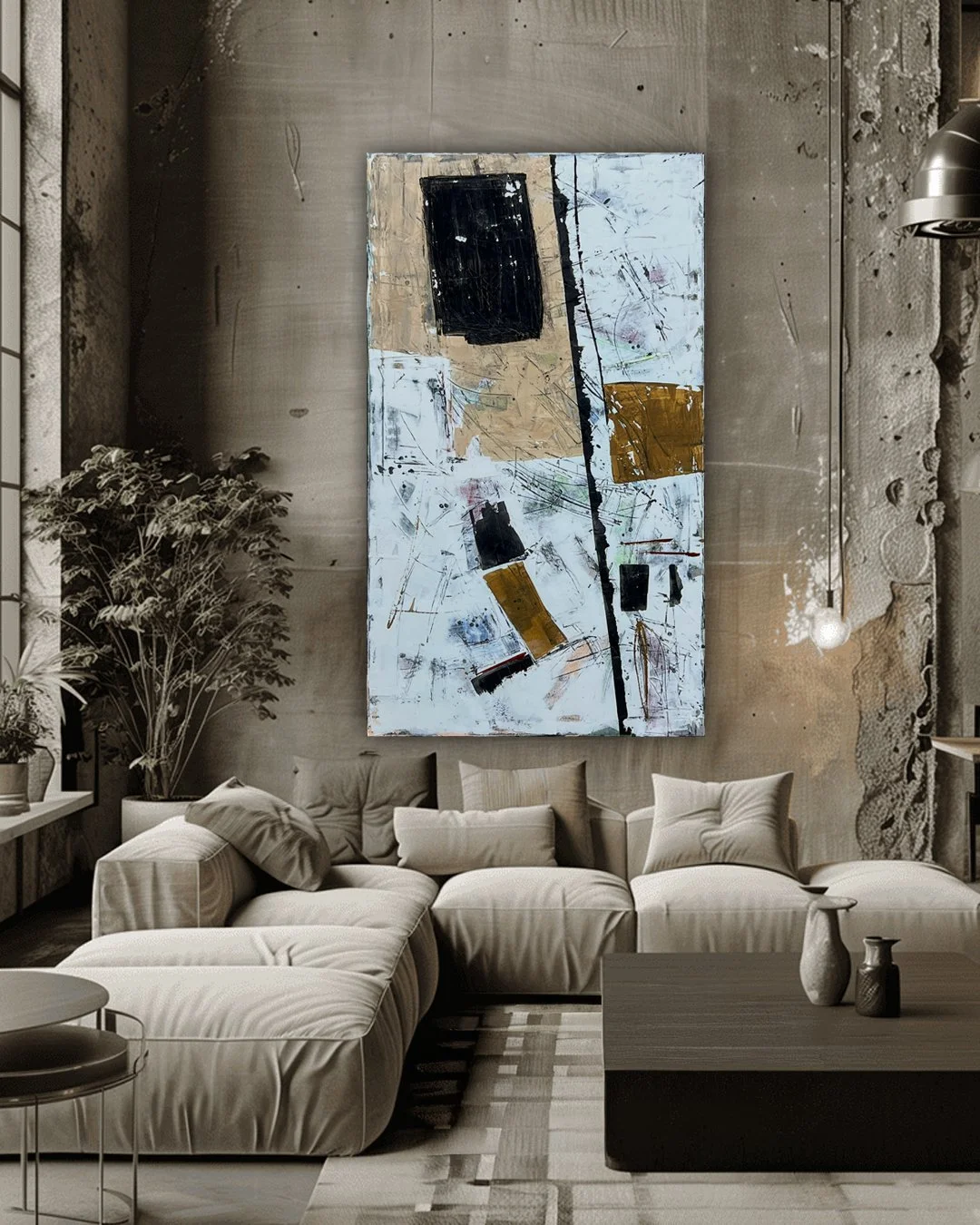 Modern living room with a large abstract painting on a textured beige wall, beige sectional sofa with pillows, a black coffee table with vases, and a potted plant to the left.