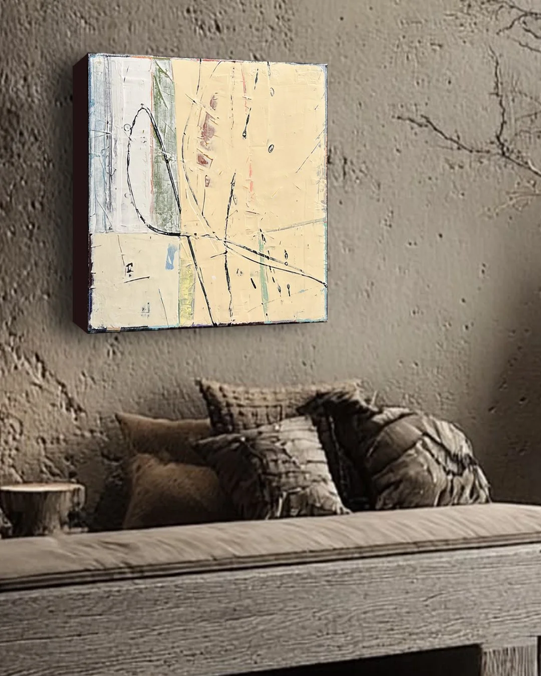 Abstract artwork hanging on a textured beige wall above a bed with pillow cushions and a wooden headboard.