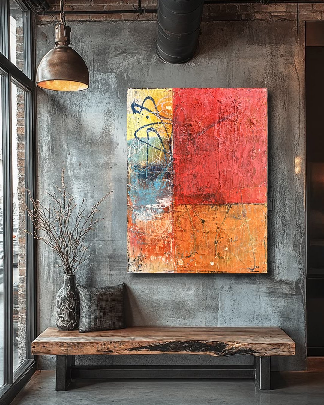 Interior scene featuring a concrete wall with a large, colorful abstract painting, a wooden bench with a dark cushion, a dried branch in a vase, and a pendant light hanging from the ceiling.