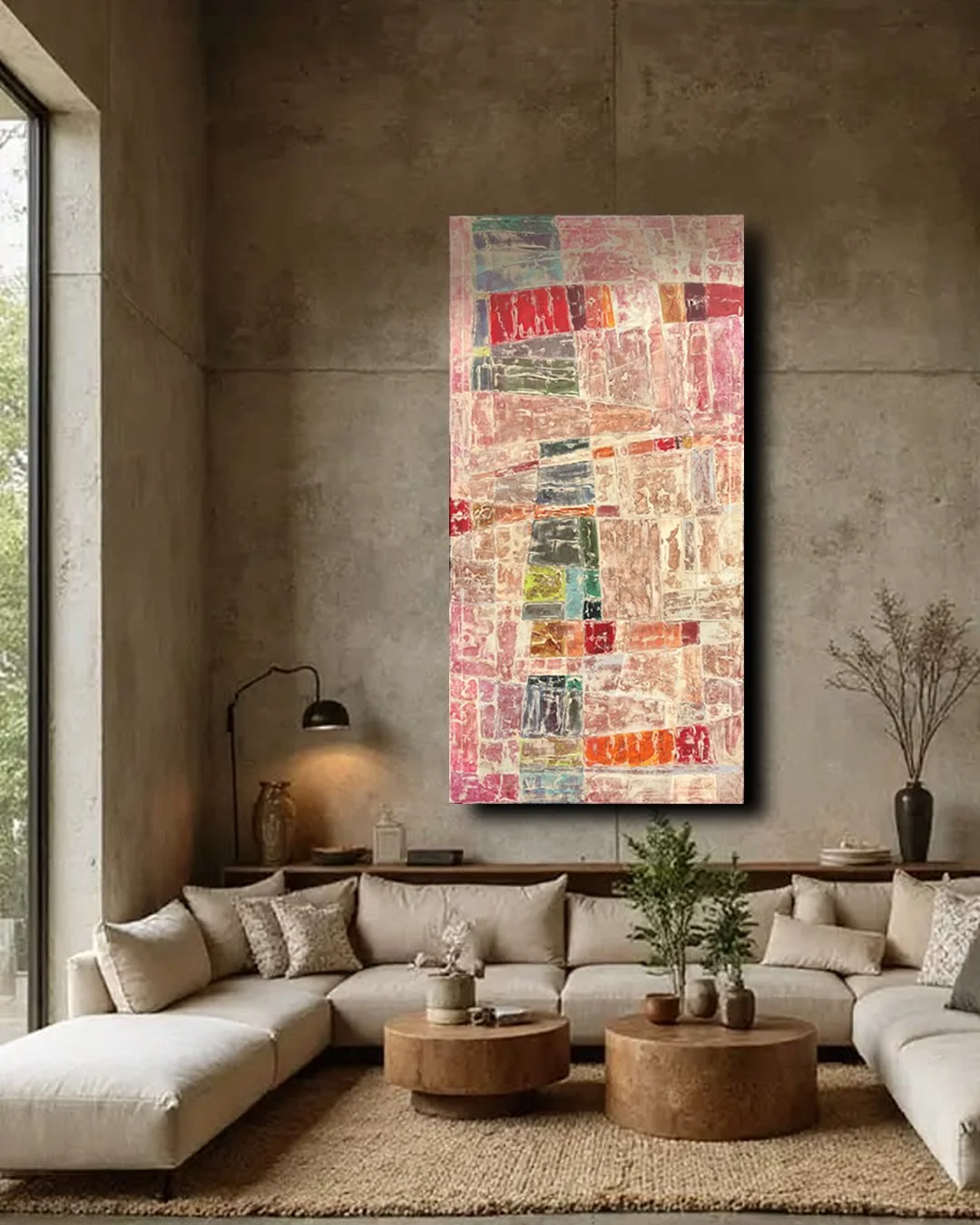 Living room with beige sectional sofa, wooden coffee tables, abstract pink and multicolored painting on concrete wall, large window, and decorative vases.