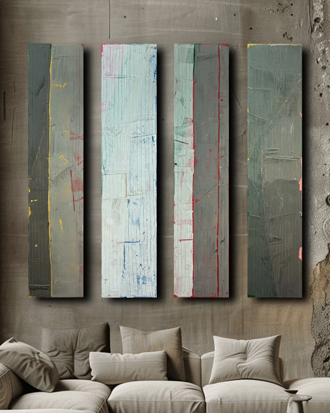 Five abstract paintings with textured surfaces and streaks of paint in various colors, hung above a beige sofa with decorative pillows in a living room.