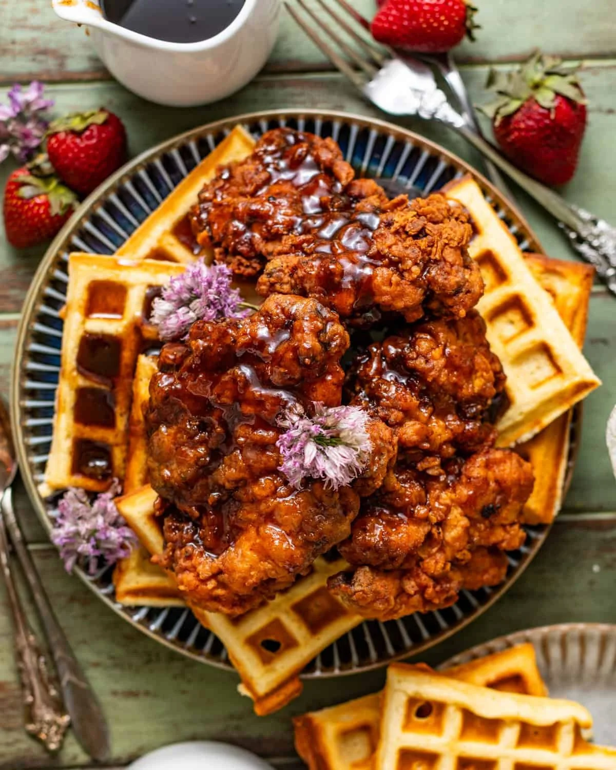 Plate of fried chicken with waffles and syrup, garnished with pink flowers, on a rustic green wooden table with strawberries nearby.