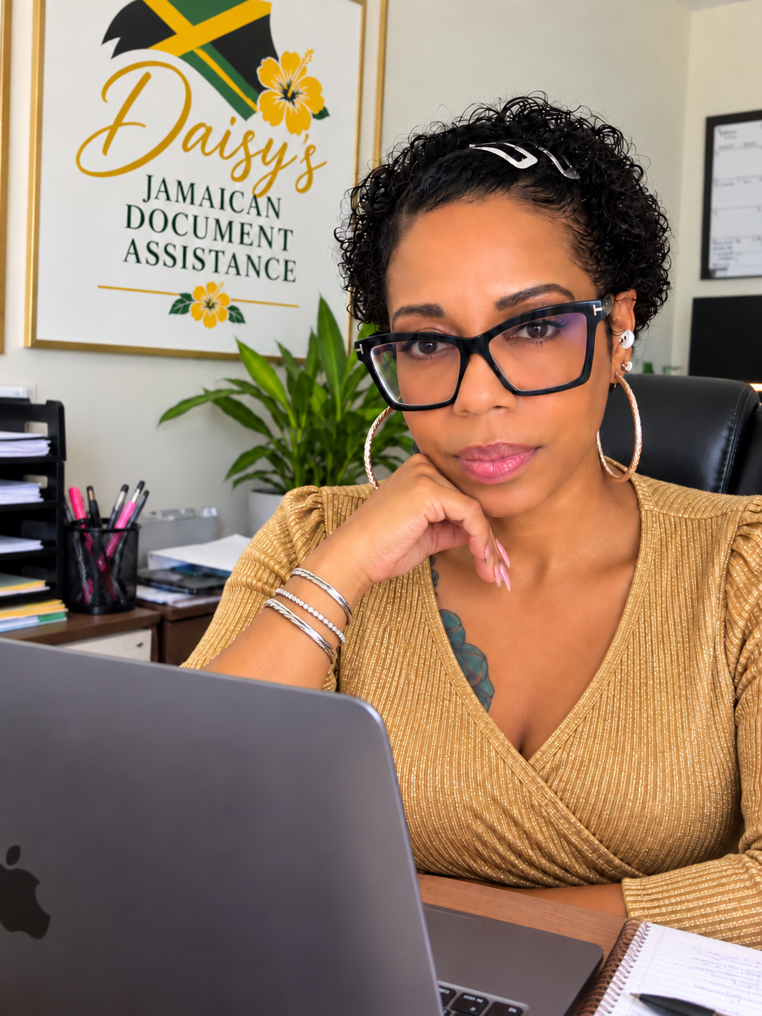 A woman with short curly black hair, large glasses, gold earrings, and a gold top working on a laptop in an office. Behind her, there is a sign that reads 'Daisy's Jamaican Document Assistance' with a Jamaican flag and yellow hibiscus flower Icons.