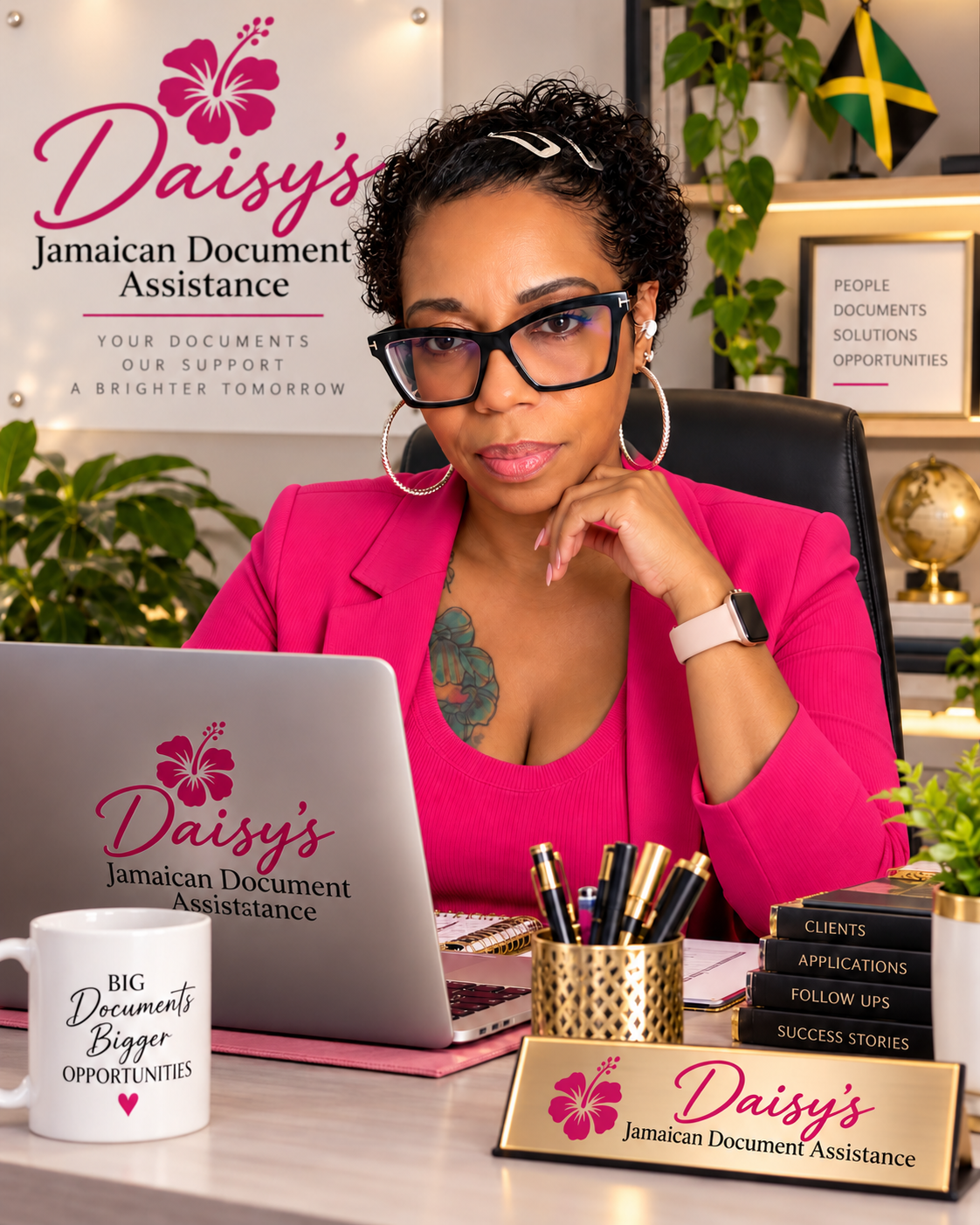 A woman with curly hair, glasses, and hoop earrings sitting at a desk with branded signage for Daisy's Jamaican Document Assistance. She is wearing a pink blazer and looking at the camera. The desk has a laptop, a mug that says 'Big Documents Bigger Opportunities,' a gold pen holder with pens, and stacks of labeled folders. The background shows plants, framed signs with words like People, Documents, Solutions, Opportunities, and a small Jamaican flag.