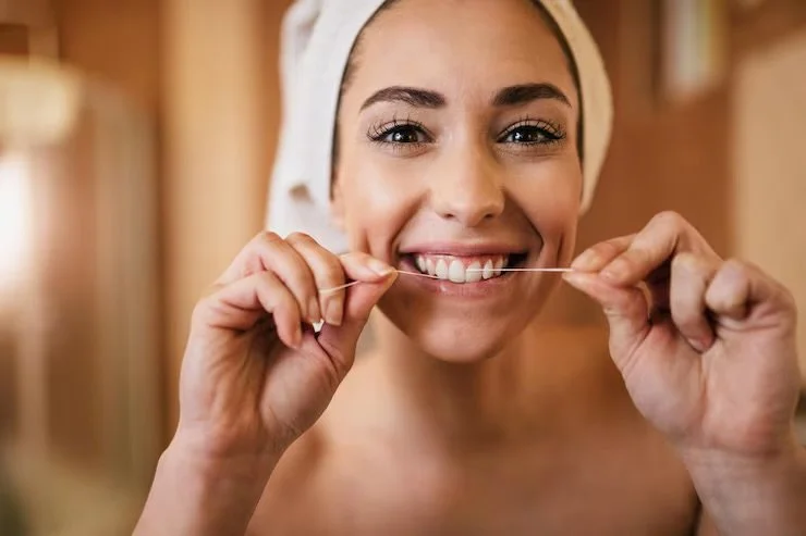A woman smiling and flossing her teeth, wearing a towel and head wrap in a bathroom.