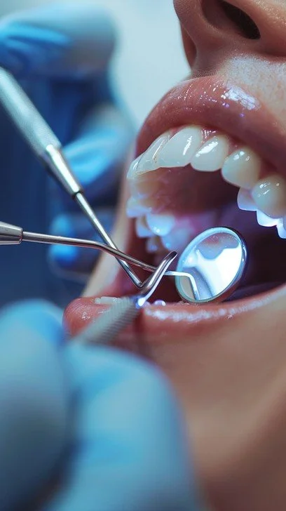 Close-up of a dental examination with a patient’s open mouth, showing teeth and a mirror reflection, while a dentist uses dental tools inside the mouth.