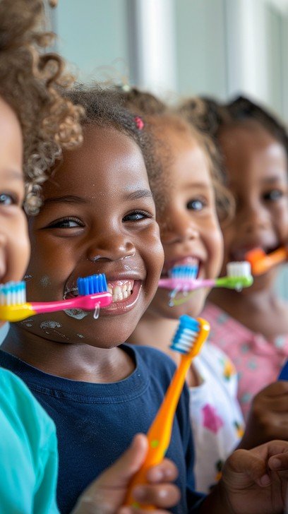Four young girls smiling and holding toothbrushes, likely at a dental health event.