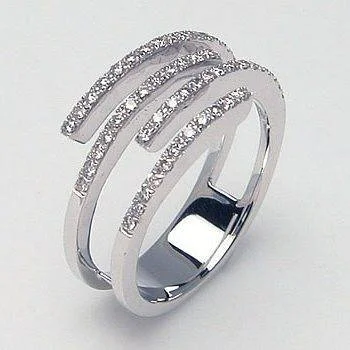 Silver-tone open ring with four curved rows of small clear stones.