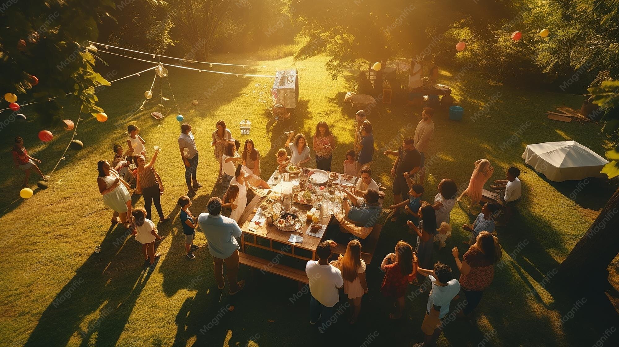 A group of people celebrating outdoors during sunset, gathered around a long table with food, in a grassy area enclosed by trees. Decorations include balloons and string lights.
