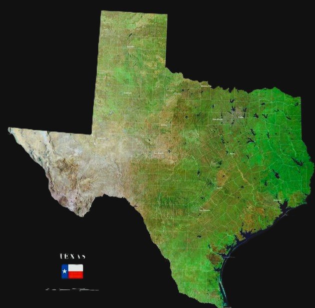 Map of Texas with a black background, showing the state's geographical shape, roads, lakes, and regions, and a small Texas flag in the bottom left corner.
