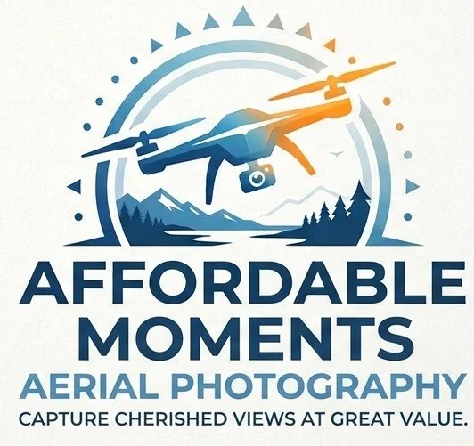 Logo with a drone flying over mountains and trees, with the text 'Affordable Moments Aerial Photography' and a tagline 'Capture Cherished Views at Great Value'.