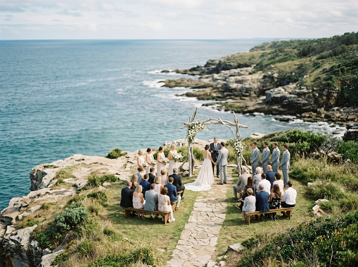 A wedding ceremony taking place on a grassy area by the ocean with rocky cliffs in the background. The couple stands under a rustic wooden arch decorated with white flowers and greenery, with guests seated on wooden benches and standing nearby.
