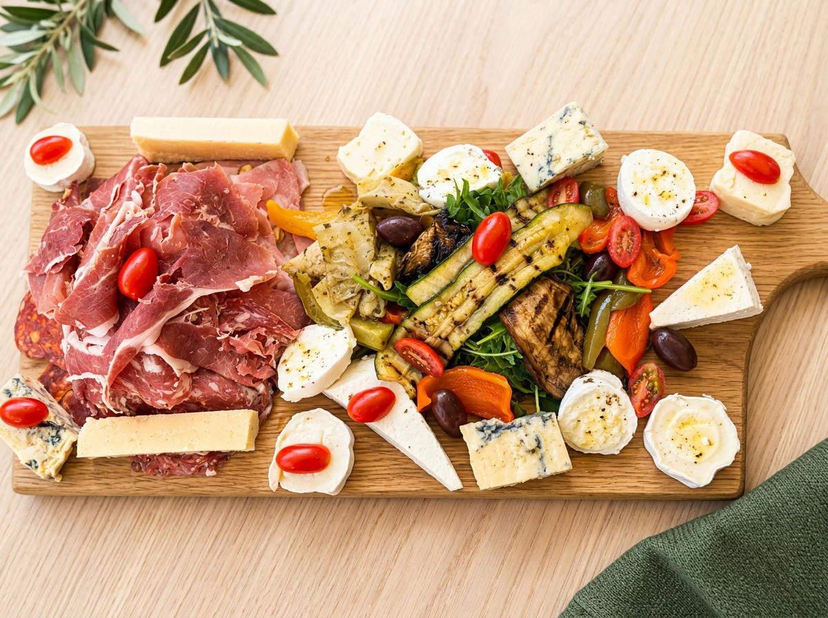 Charcuterie board with assorted cheeses, sliced cured meats, cherry tomatoes, olives, roasted vegetables, and fresh greens