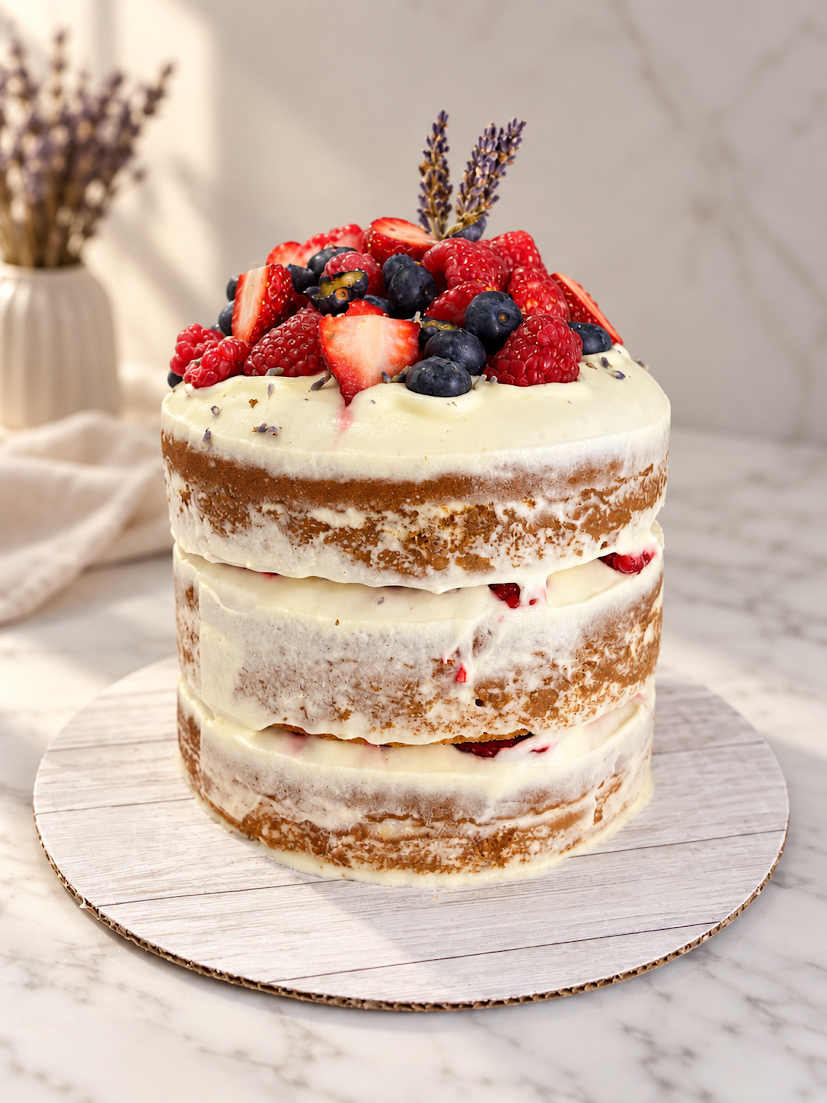 A three-layer naked cake with white frosting and assorted fresh berries on top, garnished with lavender sprigs, on a white round board.