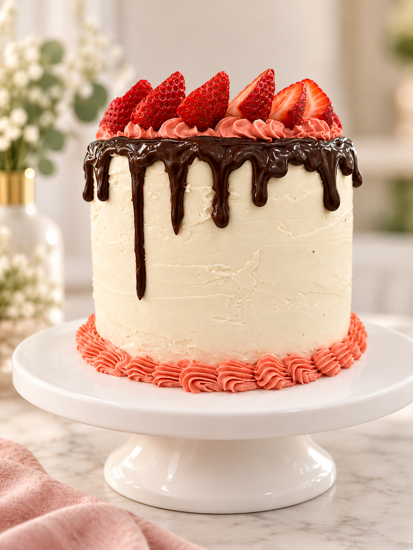A tall white frosted cake decorated with sliced strawberries and pink frosting on top, with chocolate drips down the sides, sitting on a white cake stand.