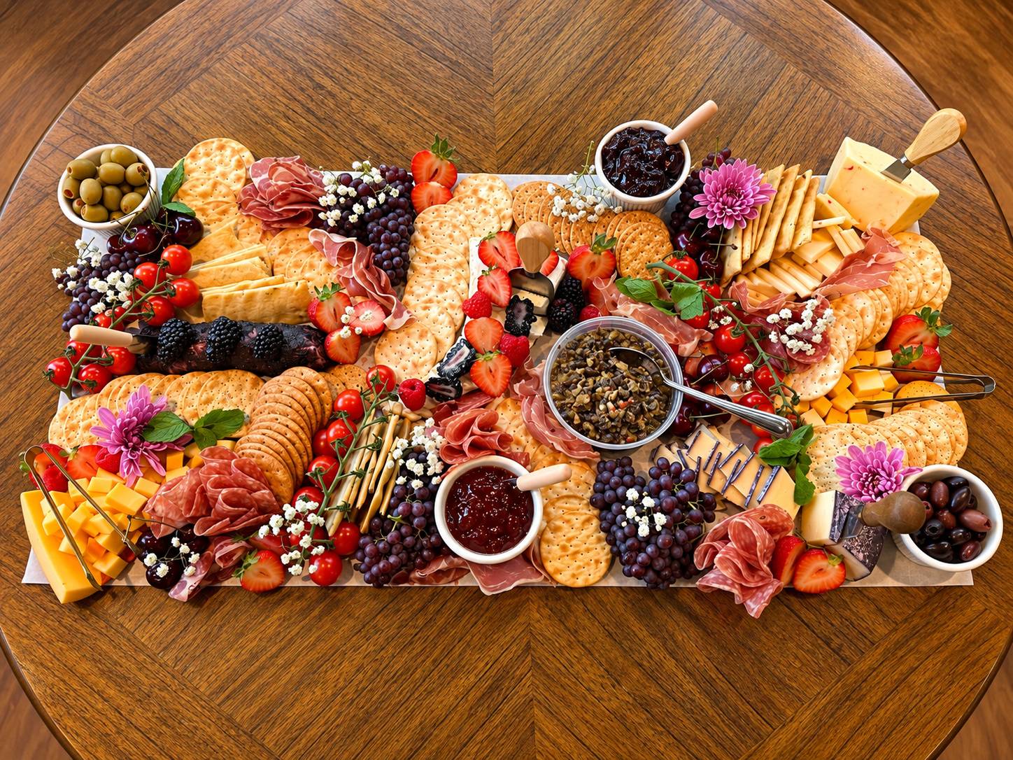 A round wooden table with a large cheese and charcuterie board with strawberries, cherries, grapes, crackers, sliced cheeses, cured meats, honey, jam, and garnishes