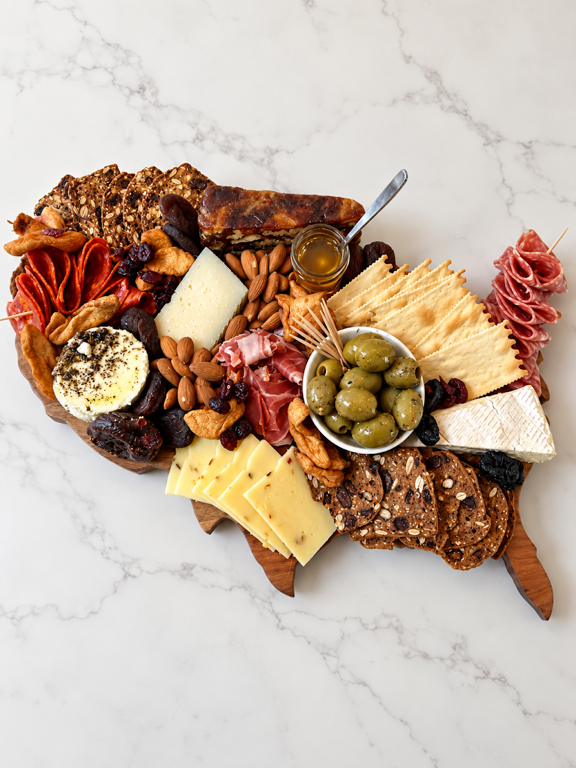 Charcuterie board with cheese slices, olives, nuts, dried fruits, crackers, honey jar, and assorted meats on a white marble surface.