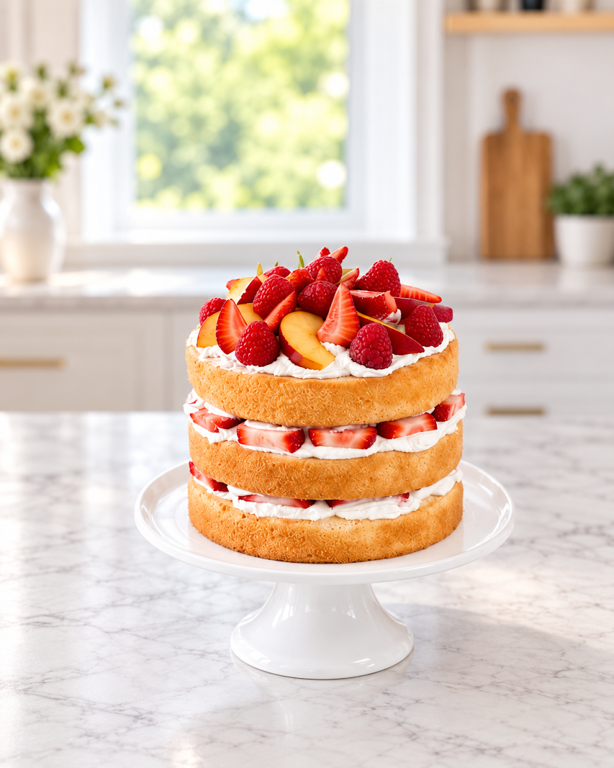 Three-layer sponge cake with strawberries and whipped cream, topped with strawberries and raspberries, on a white cake stand in a bright kitchen.