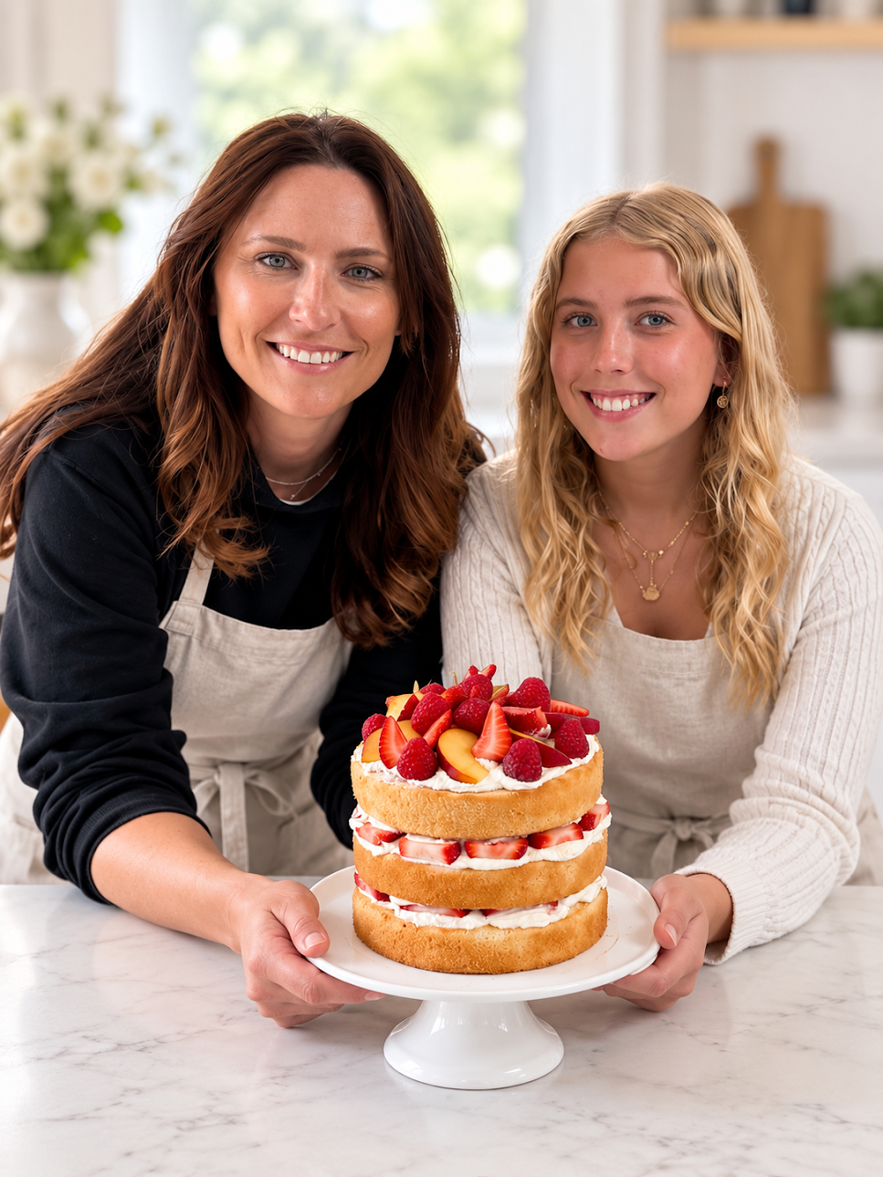 Two smiling women, one older with brown hair and the other younger with blonde curls, pose with a large layered cake topped with strawberries, raspberries, and sliced peaches on a white cake stand in a bright kitchen.
