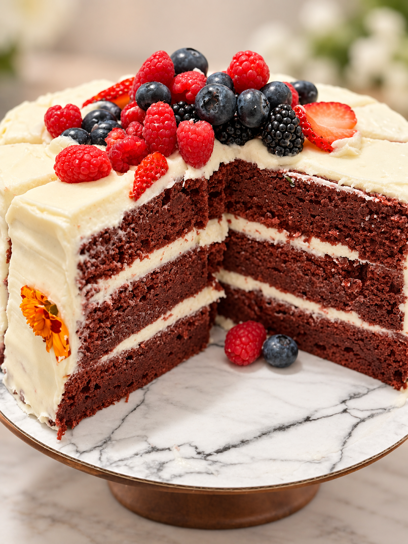 A chocolate layer cake with white frosting, topped with mixed berries including strawberries, raspberries, blueberries, and blackberries, on a marble cake stand.