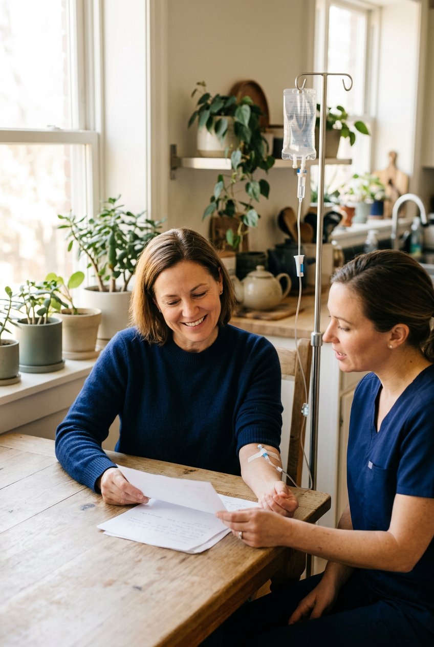 Smiling woman at her kitchen table going over paperwork with her home infusion nurse