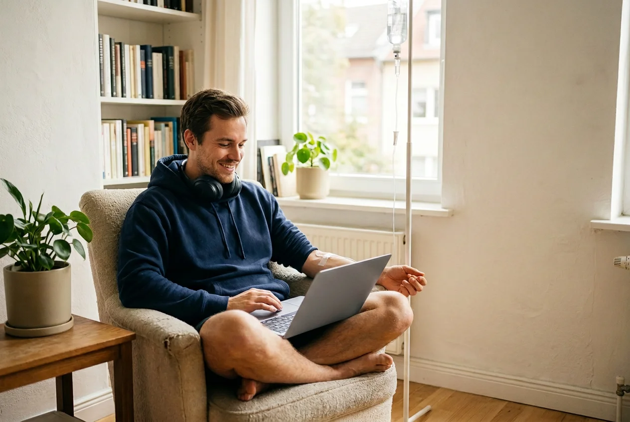 Young adult relaxing in an armchair at home with a laptop during a home infusion