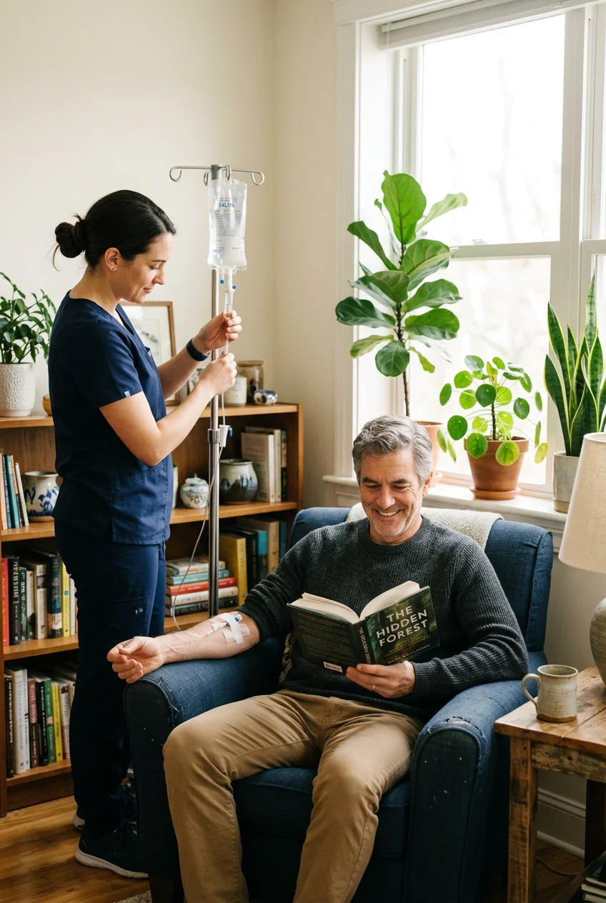 Smiling man reading in an armchair at home during his infusion while his nurse checks the IV bag