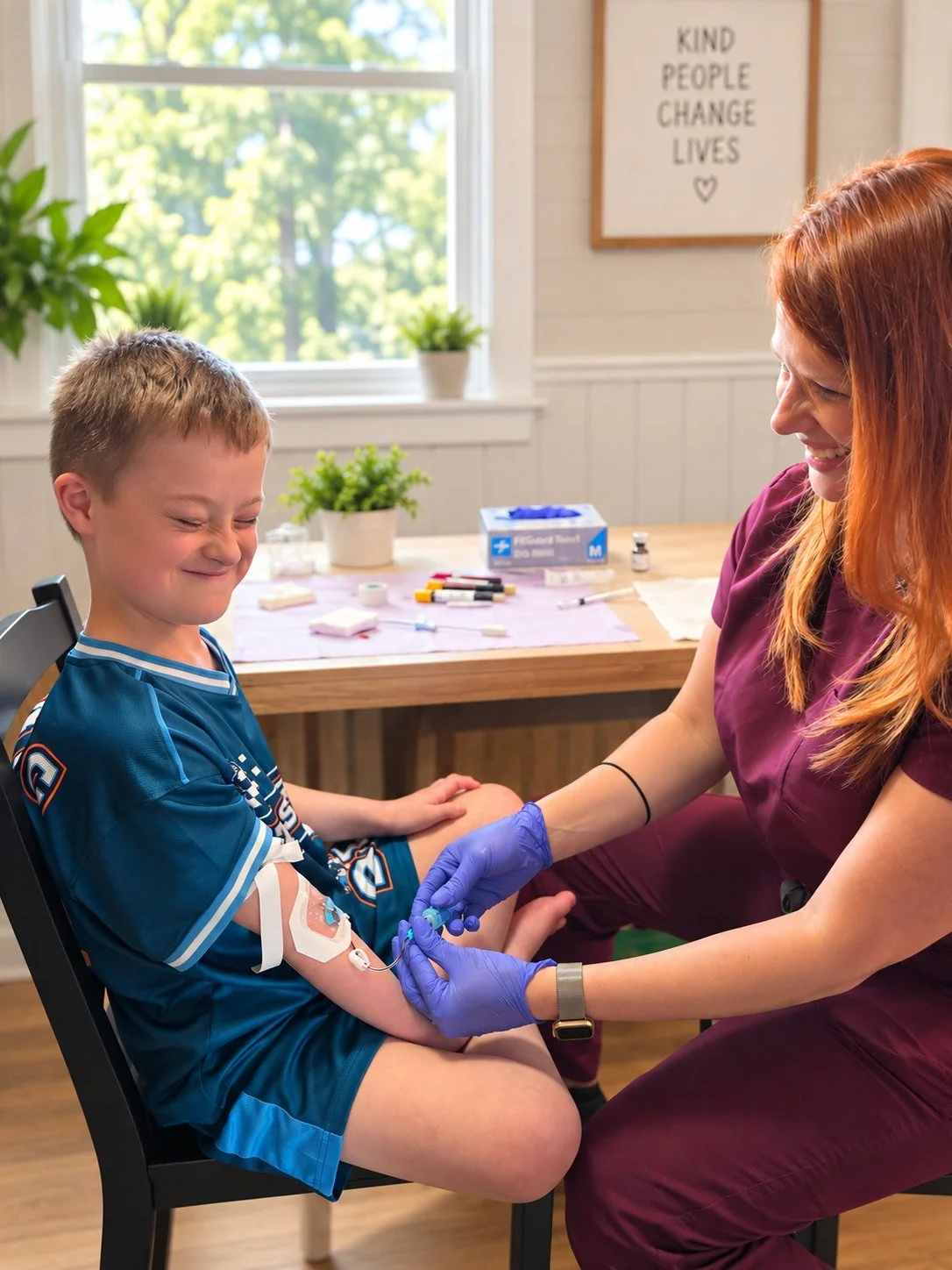 HIO pediatric nurse smiling with a young patient during an at-home infusion visit