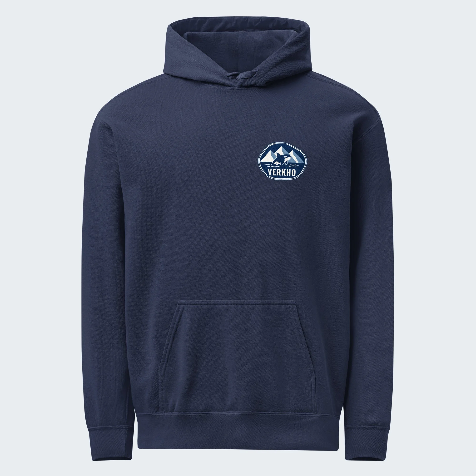 Verkho Badge Hoodie, Front & Back in True Navy, front view