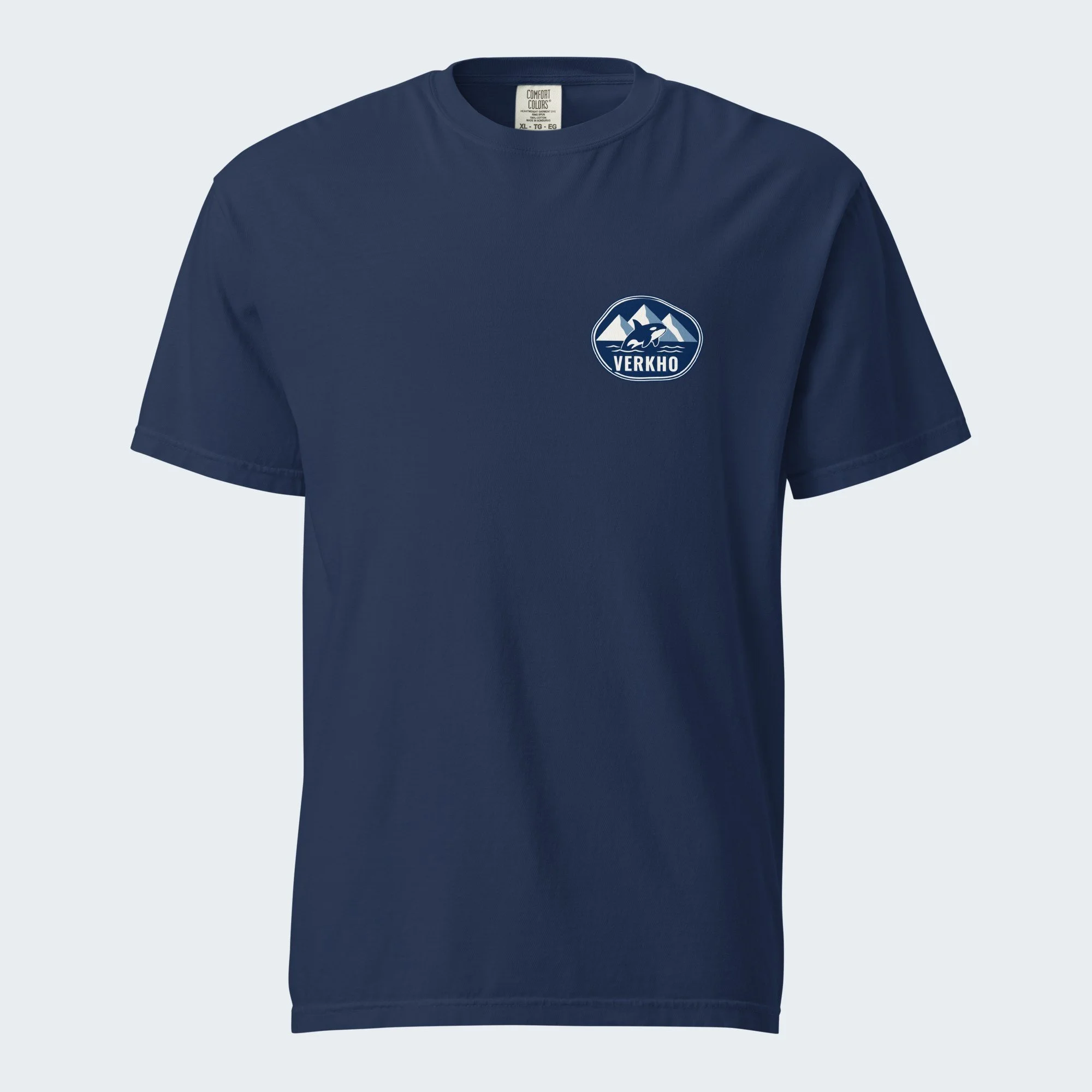 Verkho Badge Tee, Front & Back in True Navy, front view