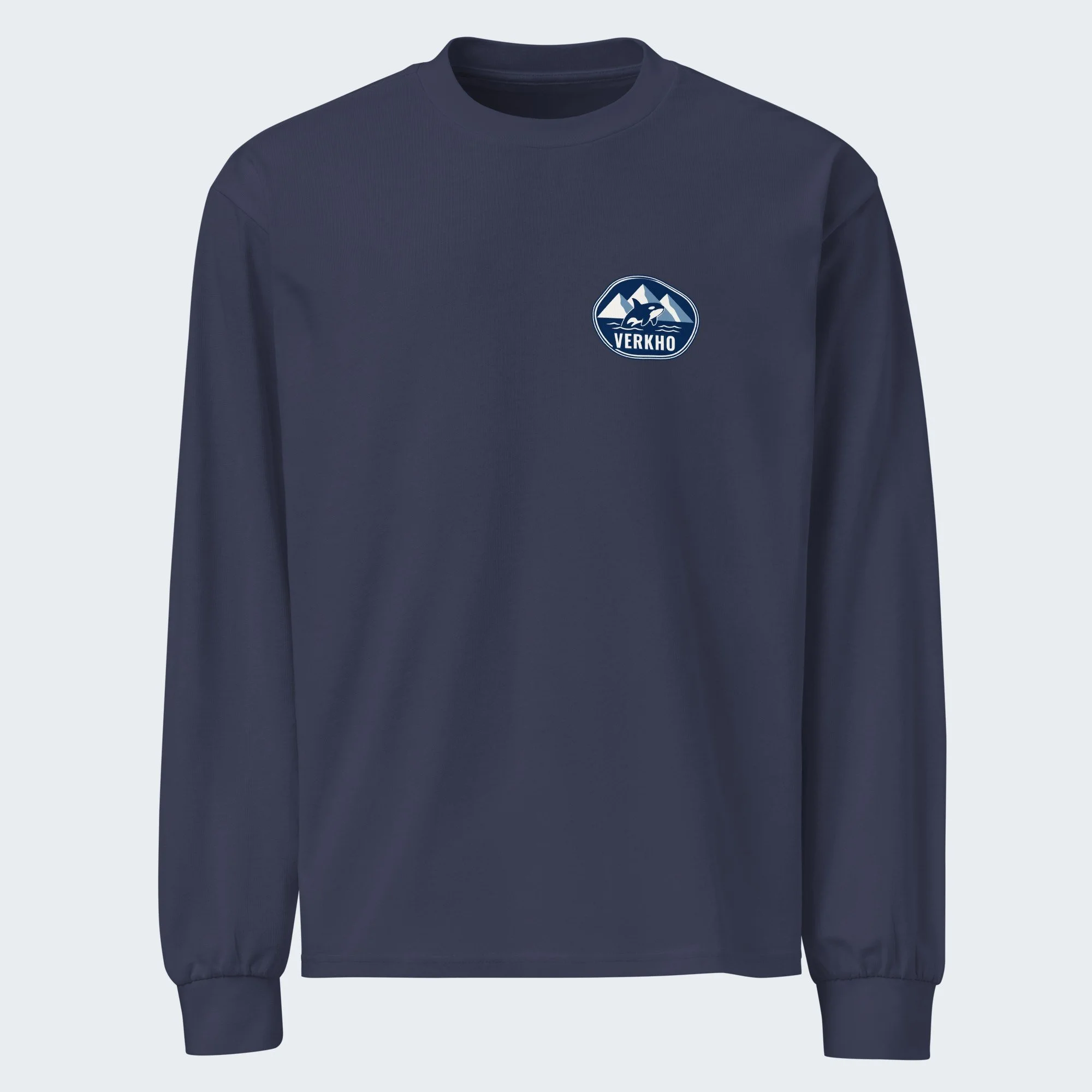 Verkho Badge Long Sleeve Tee, Front & Back in Midnight Blue, front view