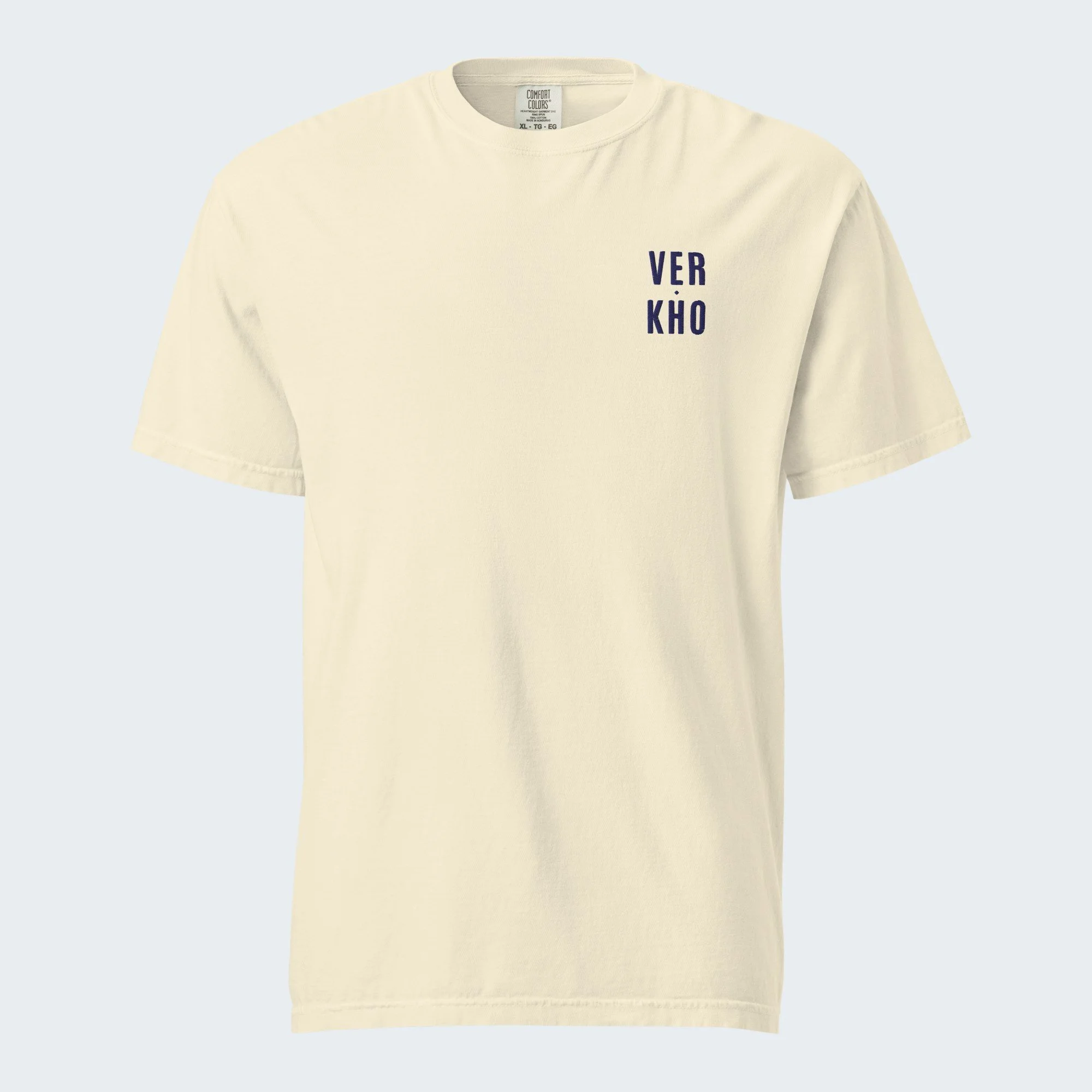 Stacked Embroidered Tee, Verkho Wordmark Back in Ivory, front view