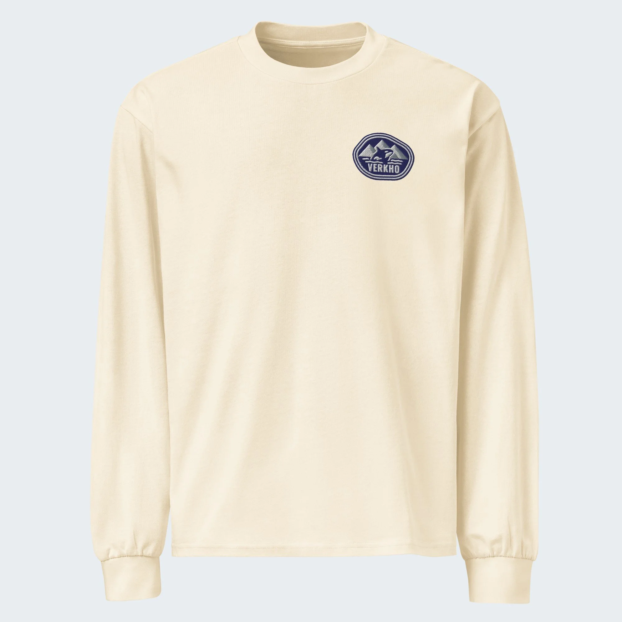 Verkho Badge Embroidered Long Sleeve Tee, Front & Back in Ecru, front view