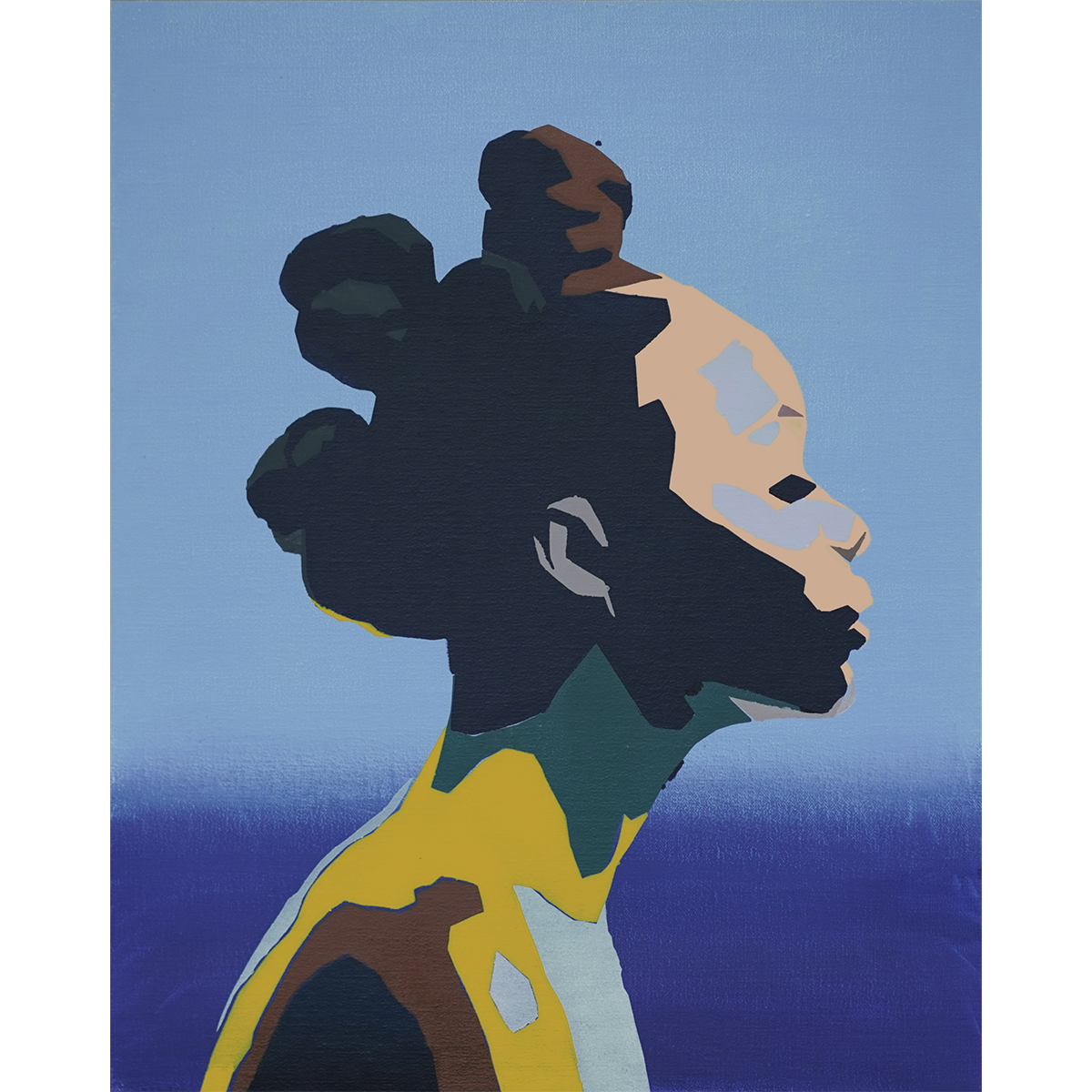 Painting titled "Soft Touch" (2022) from Stanley Onah's first solo exhibition titled "Altered State". Image depicts a portrait of a woman with knot hairstyling against a blue background.