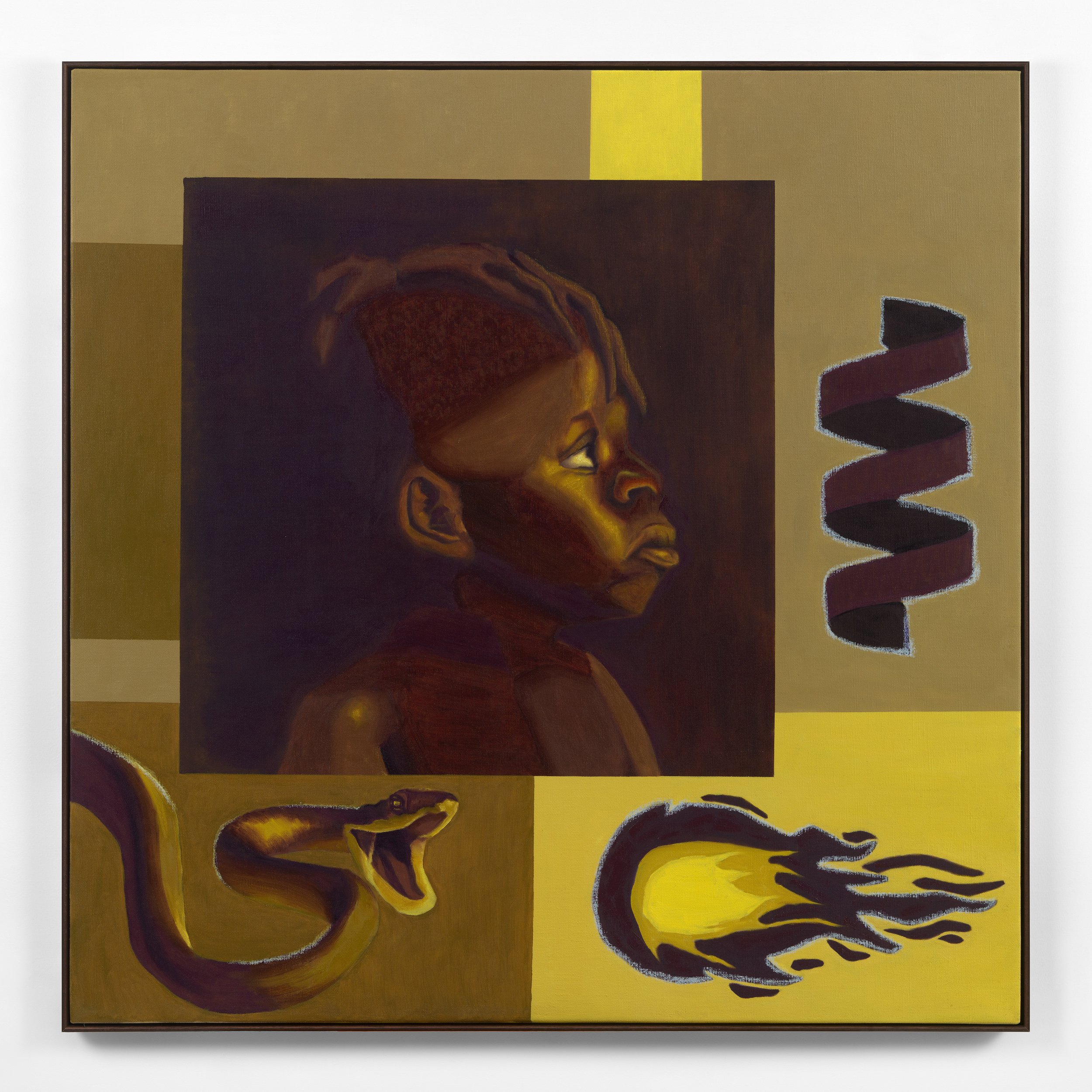Painting titled "Guardian of the Fontanel" (2025) from Stanley Onah's third solo exhibition titled "From Ancient Braids to Contemporary Fades". The image depicts a child and symbols representing the meaning of the hairstyling seen on the child. 


