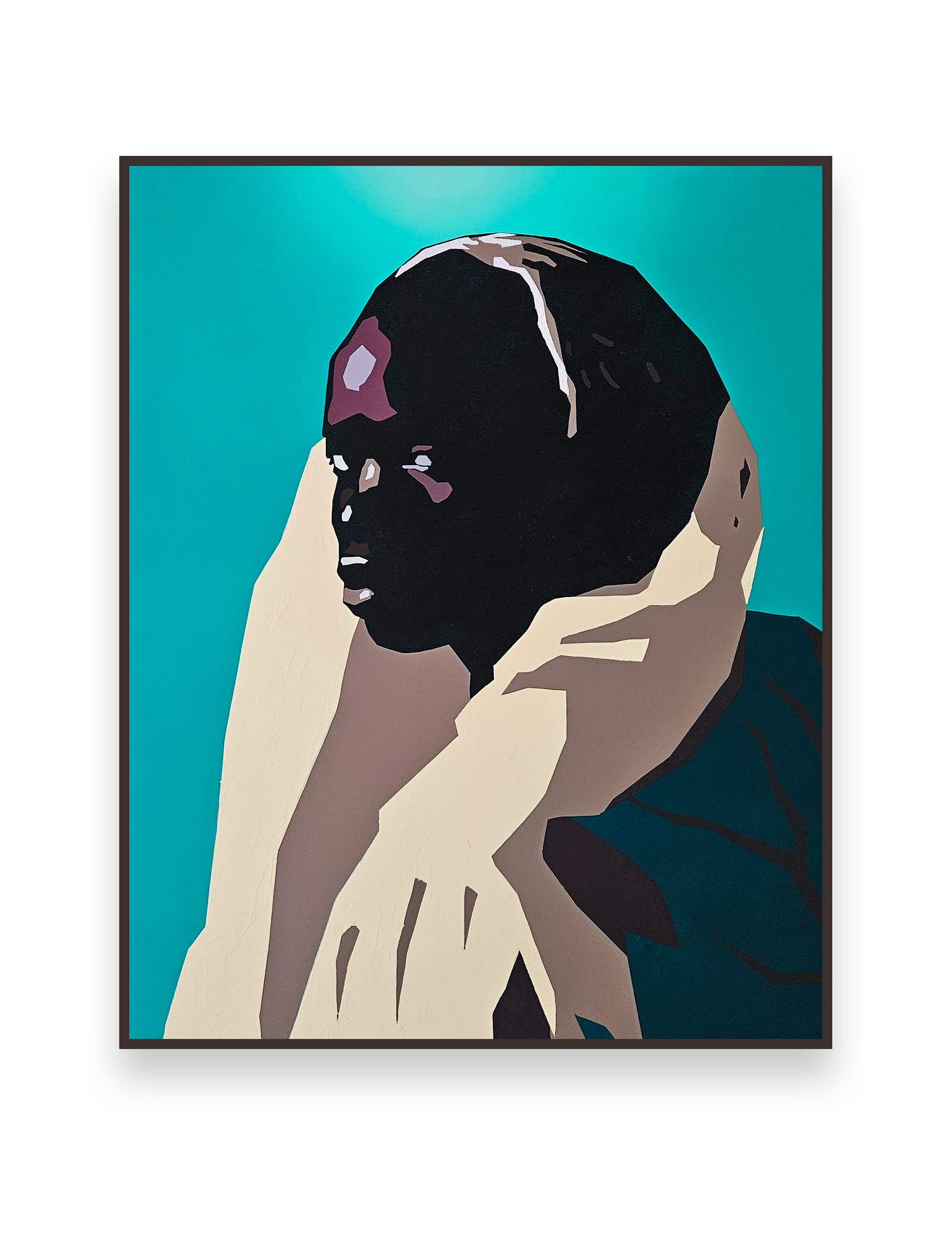 Painting titled "Phoenix Rising" (2024) from Stanley Onah's second solo exhibition titled "Mourning of Kin". Portrait of a woman depicted in abstract, geometric style with bold colours and simplified shapes, set against a teal background.