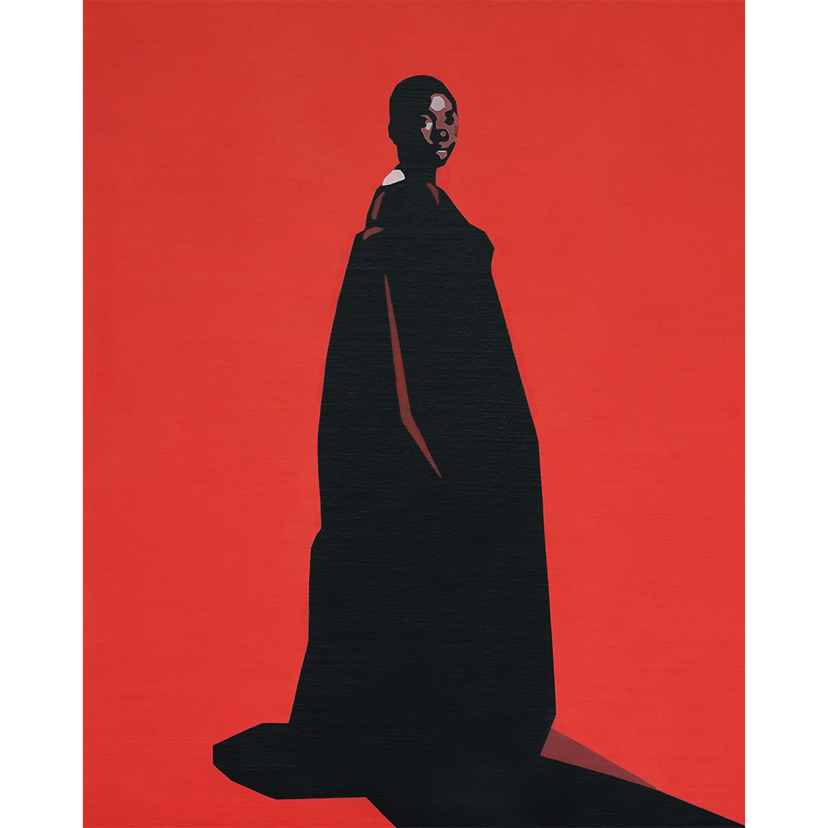 Painting titled "Noir" (2023) from Stanley Onah's first solo exhibition titled "Altered State". Depicts a silhouette of a woman standing against a red background, wearing a long dress, with shadow cast on the ground.