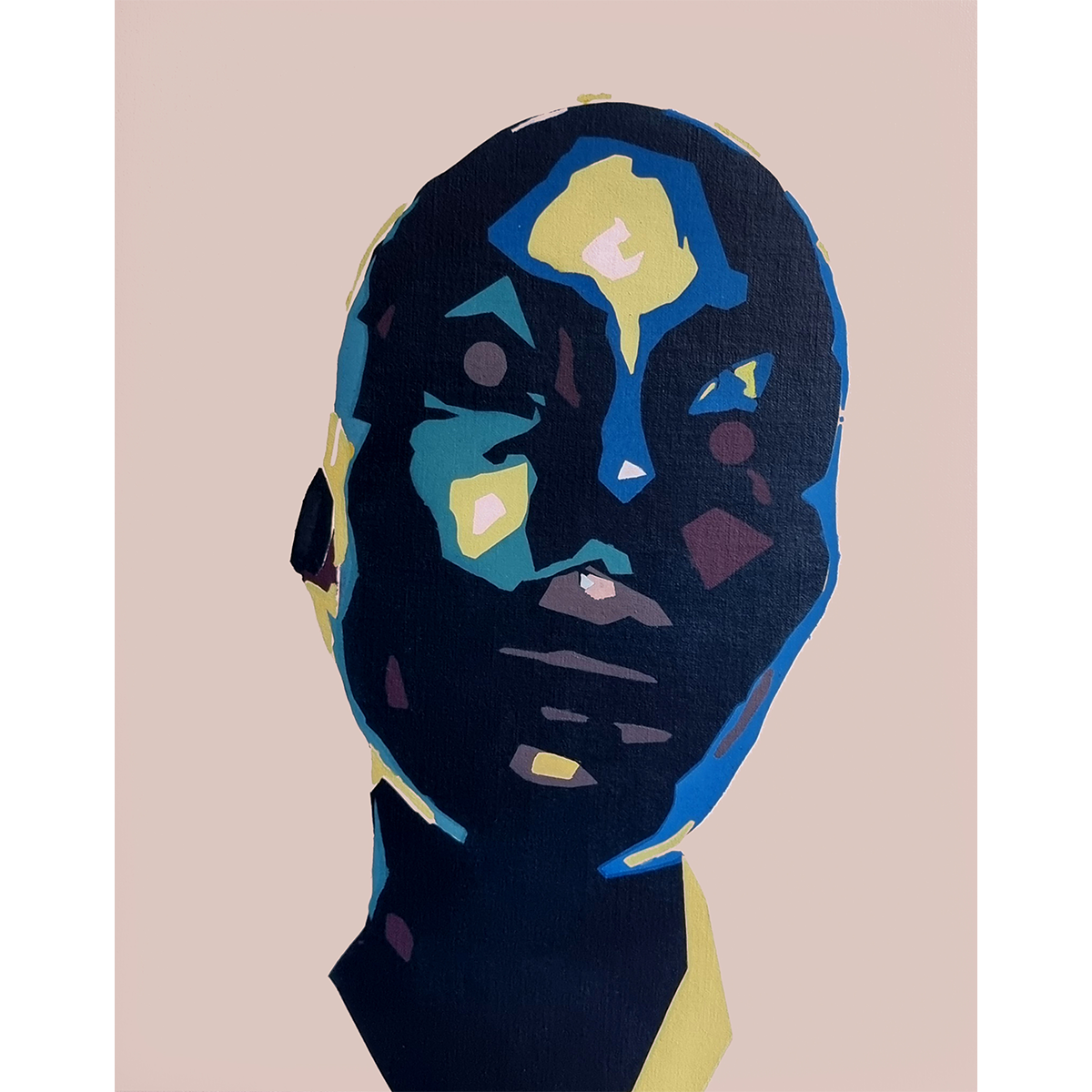 Painting titled "X" (2022) from Stanley Onah's first solo exhibition titled "Altered State". Image depicts a abstract portrait of a person's face with bold, colorful geometric shapes against a light pink background.