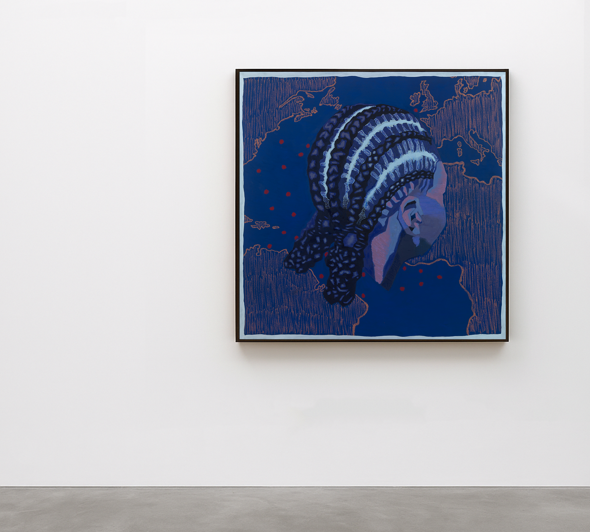Installation view of painting titled "1788" (2025) from Stanley Onah's third solo exhibition titled "From Ancient Braids to Contemporary Fades". The image depicts a braided woman framed against a map of the Atlantic Ocean.