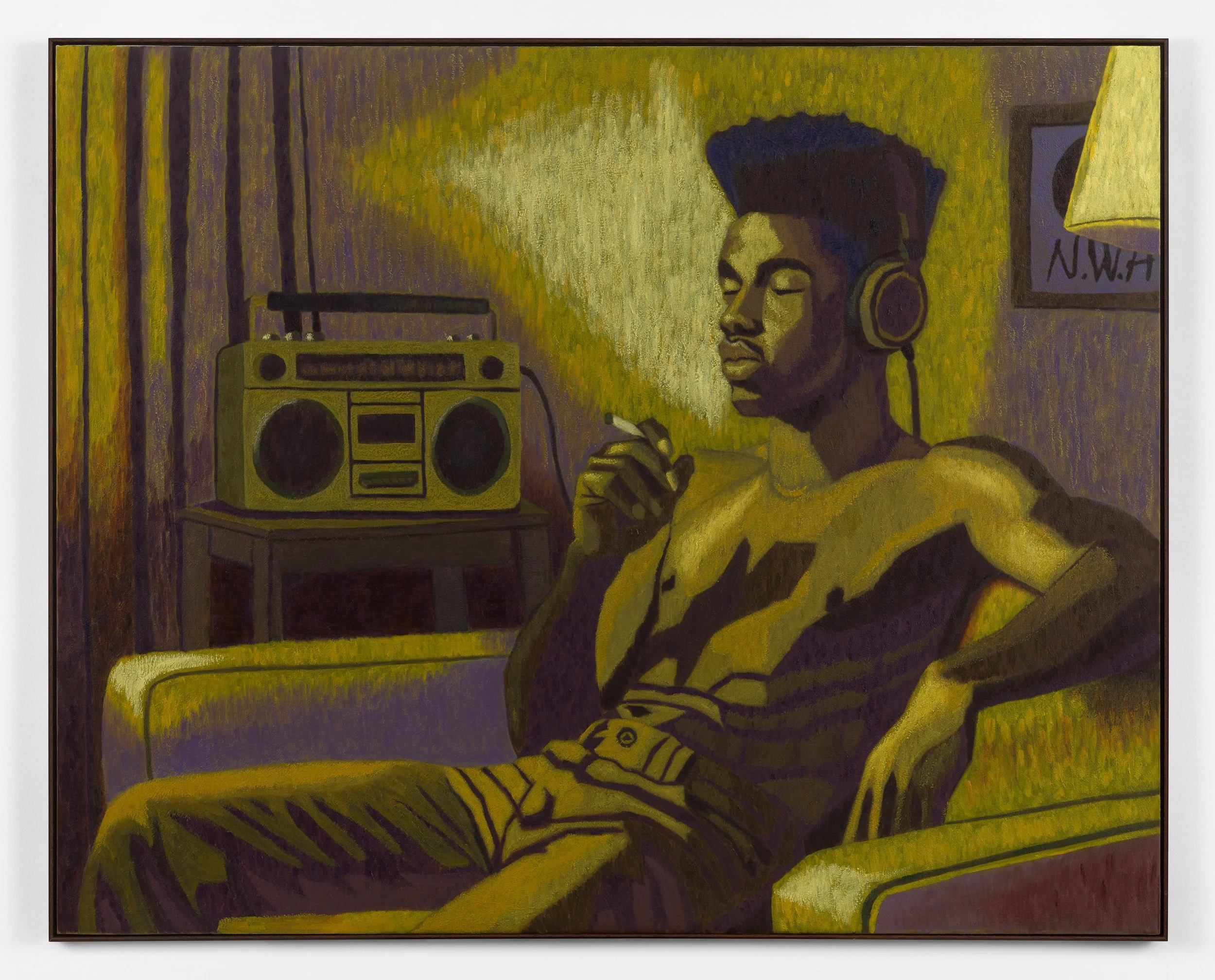 Painting titled "1990" (2025) from Stanley Onah's third solo exhibition titled "From Ancient Braids to Contemporary Fades". The image depicts a man smoking on a sofa. 