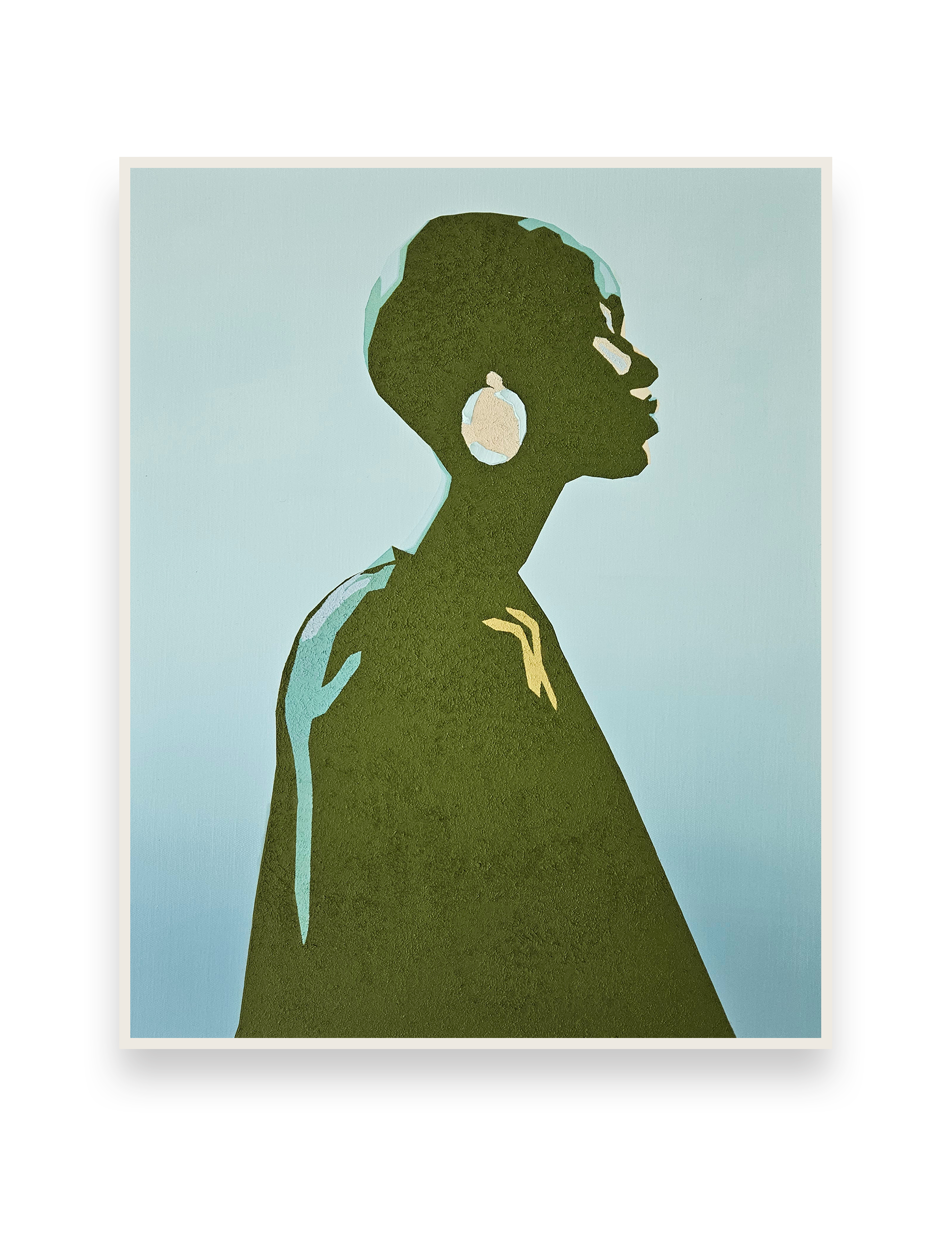 Painting titled "At Peace" (2023) from Stanley Onah's second solo exhibition titled "Mourning of Kin". Features a profile of a woman with short hair at ease in flat blocks of colour against a light blue background.