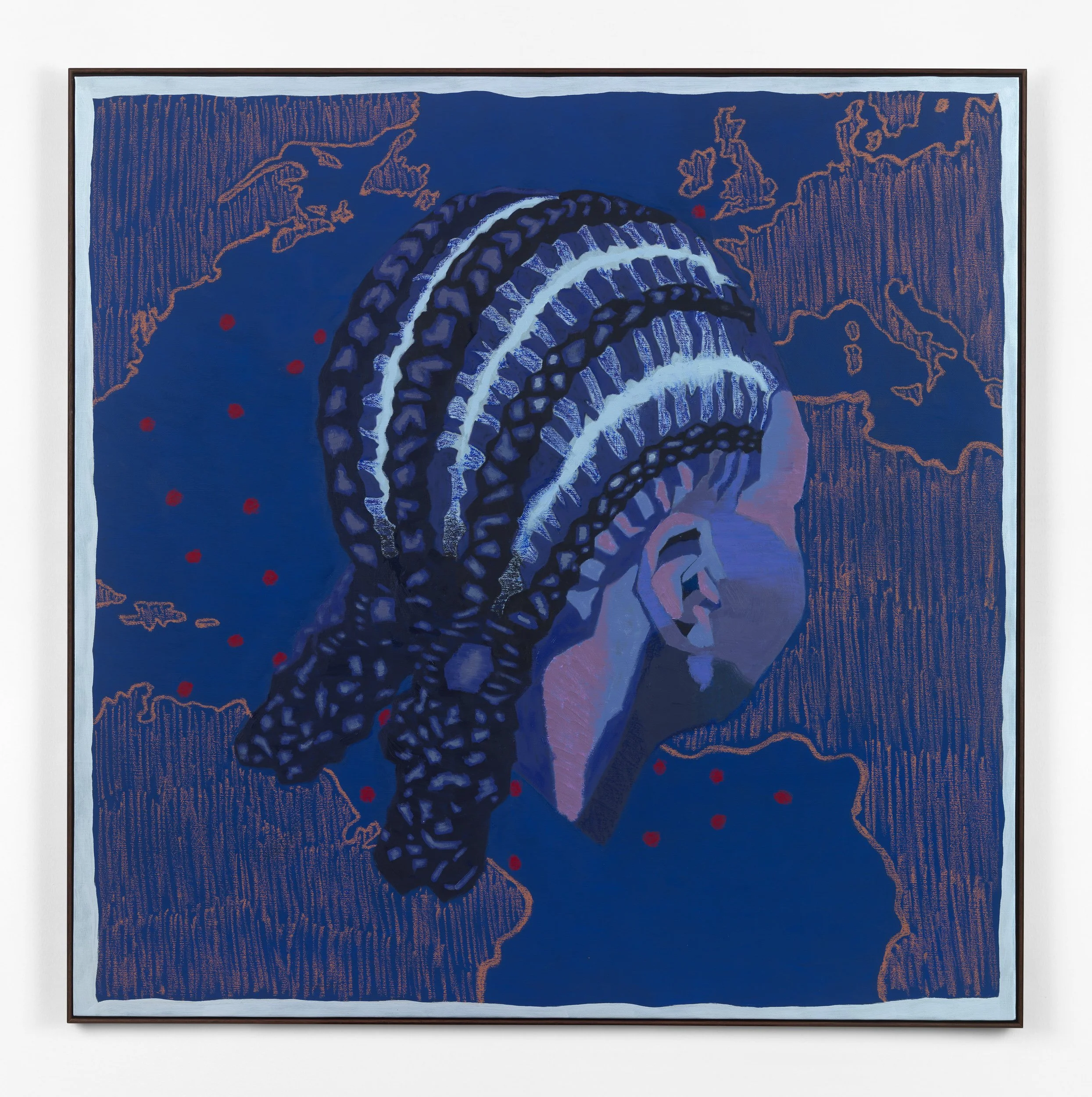Painting titled "1788" (2025) from Stanley Onah's third solo exhibition titled "From Ancient Braids to Contemporary Fades". The image depicts a braided woman framed against a map of the Atlantic Ocean.