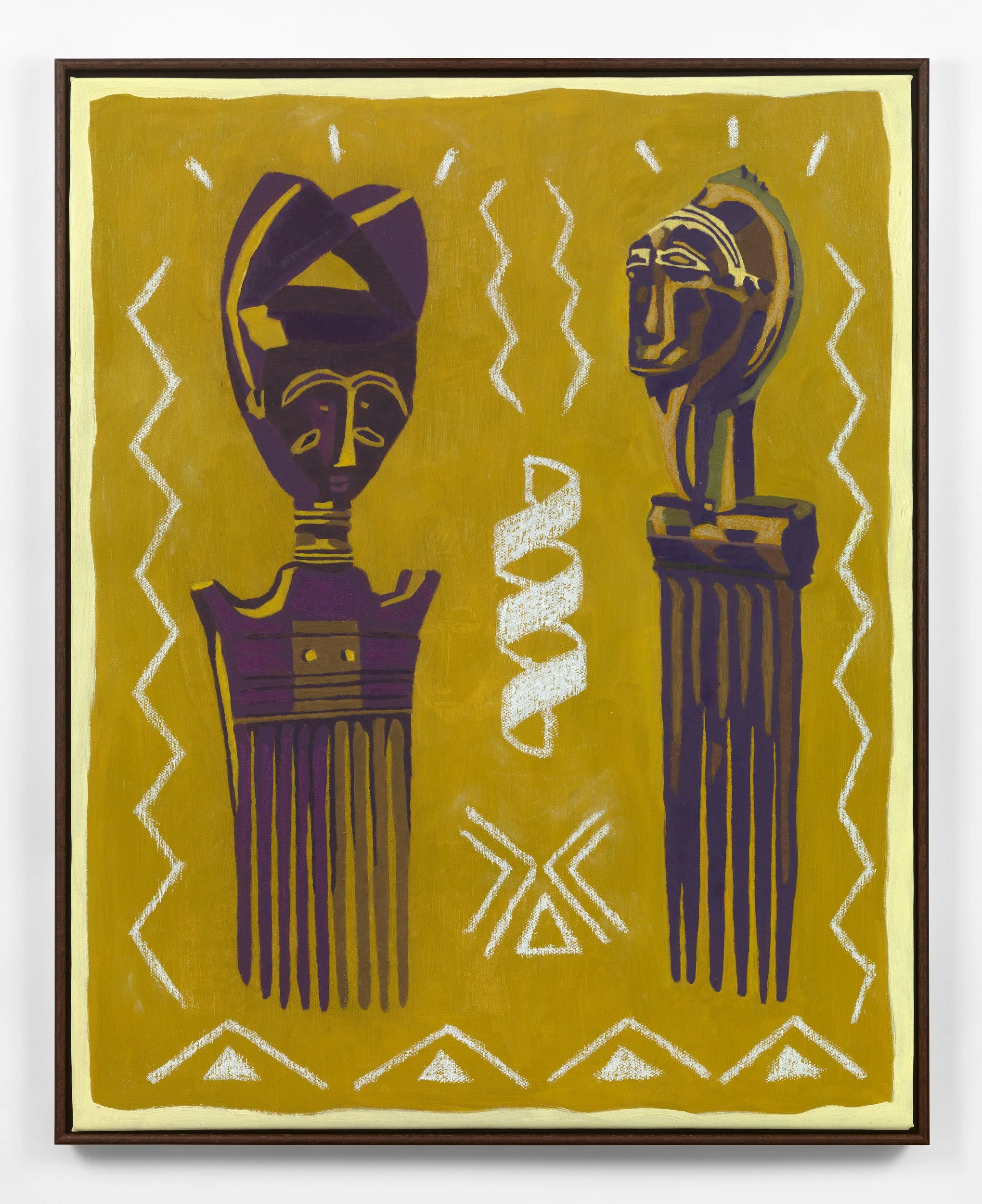 Painting titled "Gifts & Tools" (2025) from Stanley Onah's third solo exhibition titled "From Ancient Braids to Contemporary Fades". The image depicts two decorative hair combs from western Africa against a yellow background. 