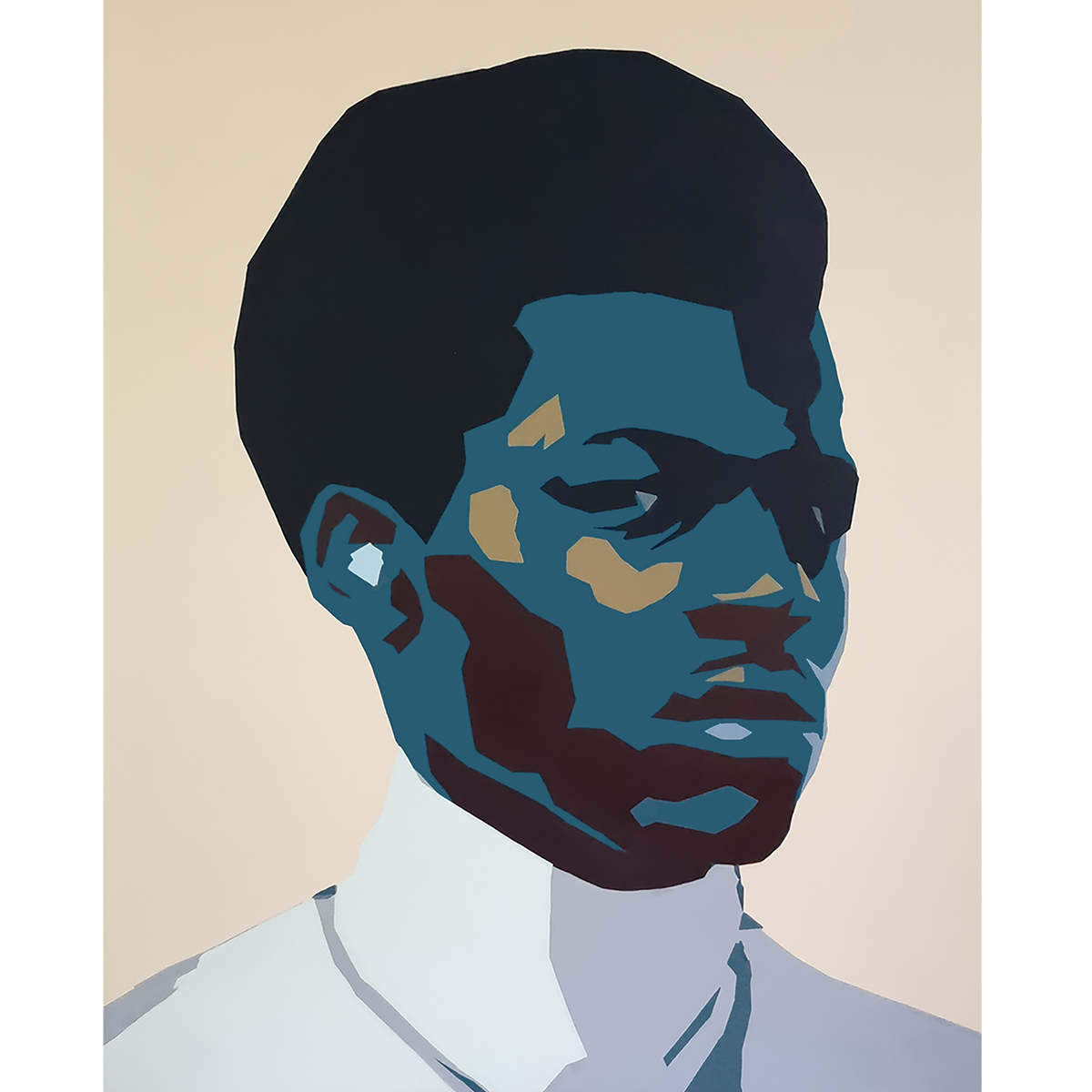 Painting titled "MAN I" (2022) from Stanley Onah's first solo exhibition titled "Altered State". Stylized portrait of a man with dark hair and a white shirt in a minimalistic style.