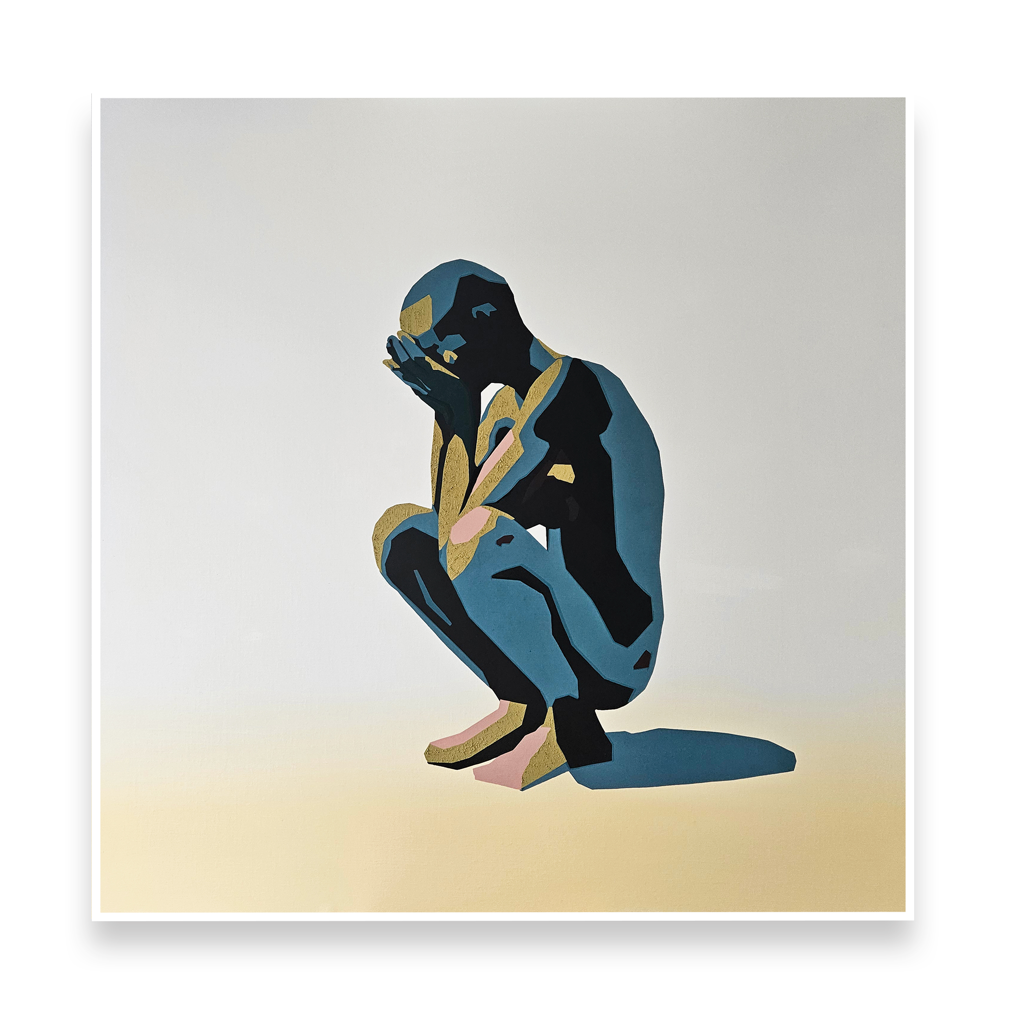 Painting titled "The Tolling Toll of War" (2024). Depicting a person with hands covering their face, created with bold, flat coloured shapes in shades of black, blue, yellow, and pink on a gradient background.
