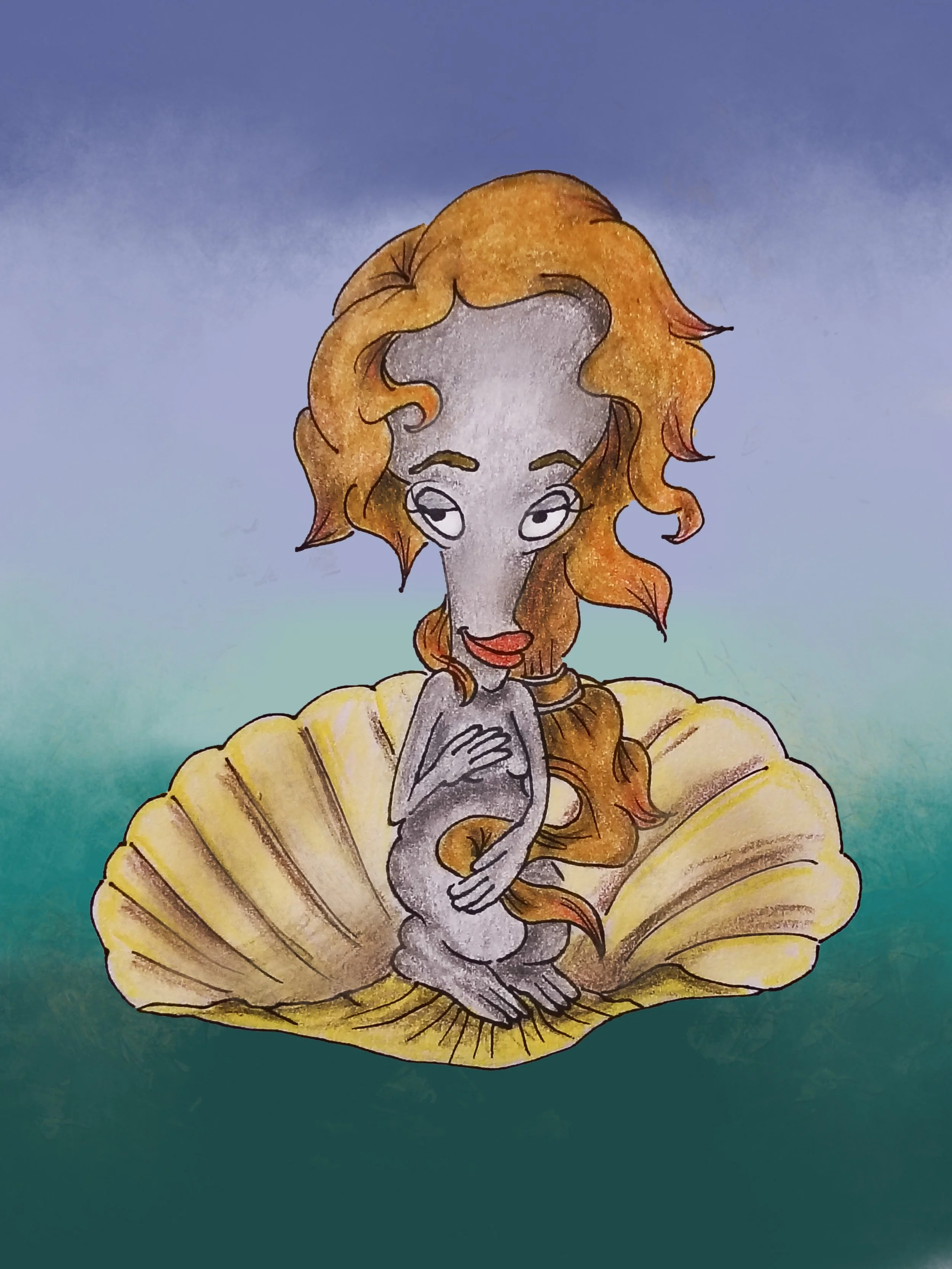 A cartoon drawing of a woman with curly orange hair, closed eyes, and a hand on her chest, sitting on a large shell with a cloudy sky background.