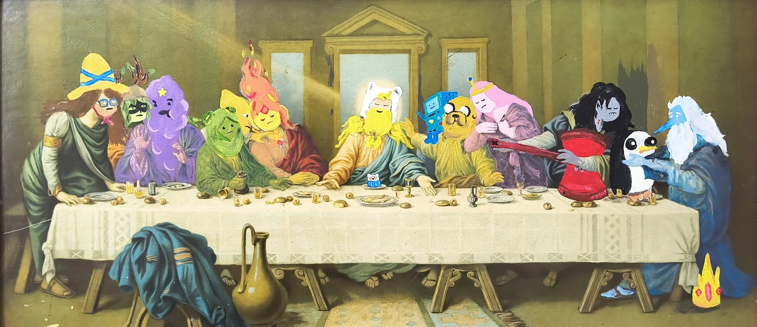 A humorous, colorful recreation of Leonardo da Vinci's The Last Supper featuring cartoon characters and animals.
