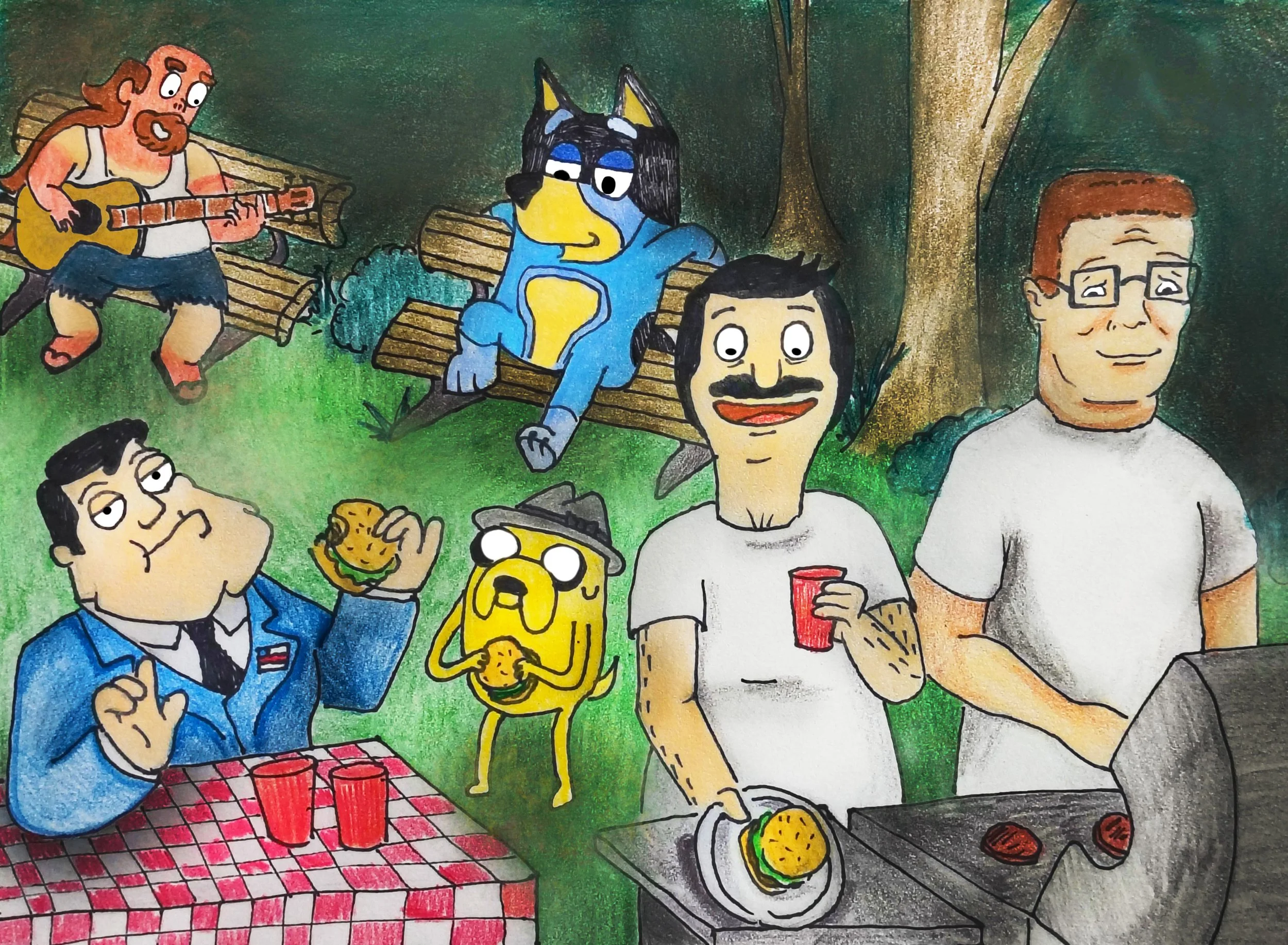 Colorful hand-drawn illustration of five characters at an outdoor gathering. From left to right: a man in a suit eating a burger, a yellow dog with glasses holding a burger, a woman with long dark hair, a blue wolf with a yellow belly lounging on a bench, and a man with glasses smiling. In the background, a man with long hair playing a guitar on a bench, and a large tree. The scene shows food, drinks, and a picnic setting.