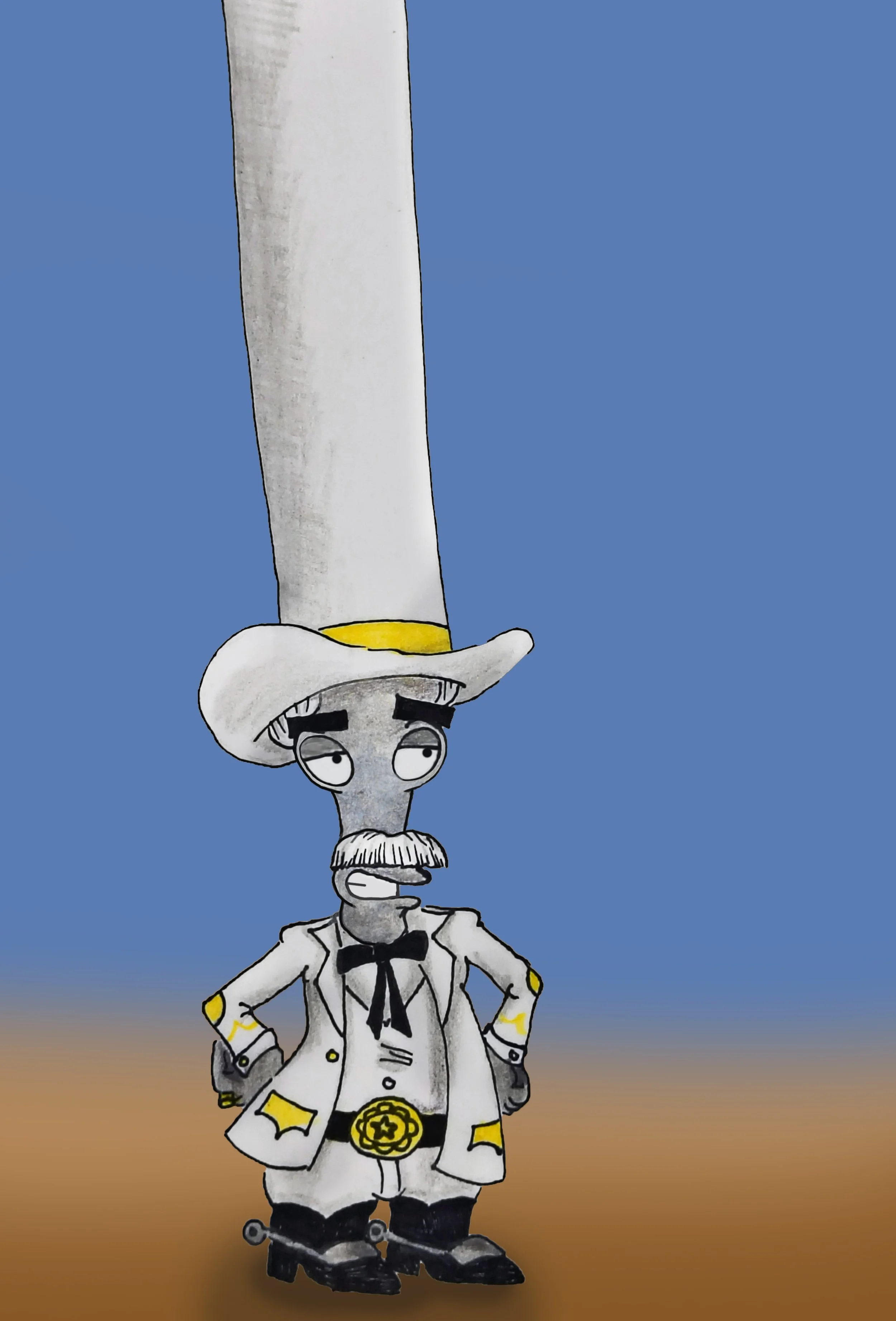 A cartoon skeleton dressed as a cowboy, with a large white hat, a white coat with yellow accents, and roller skates, standing against a gradient background from orange to blue.